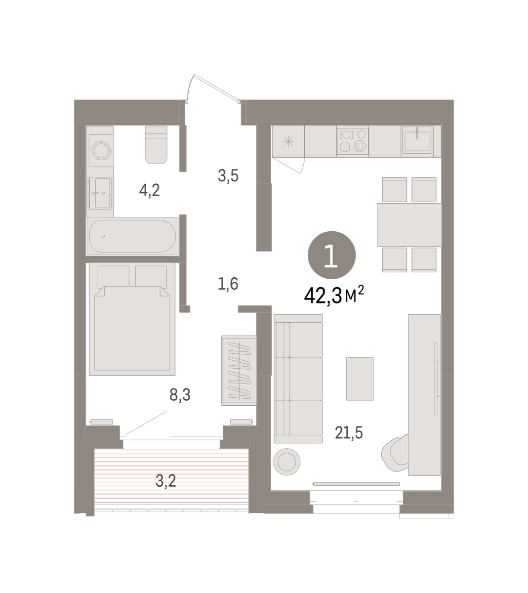 Планировка: 1-комнатная 42.3 м² в ЖК На Минской, Центр: Драмтеатр
