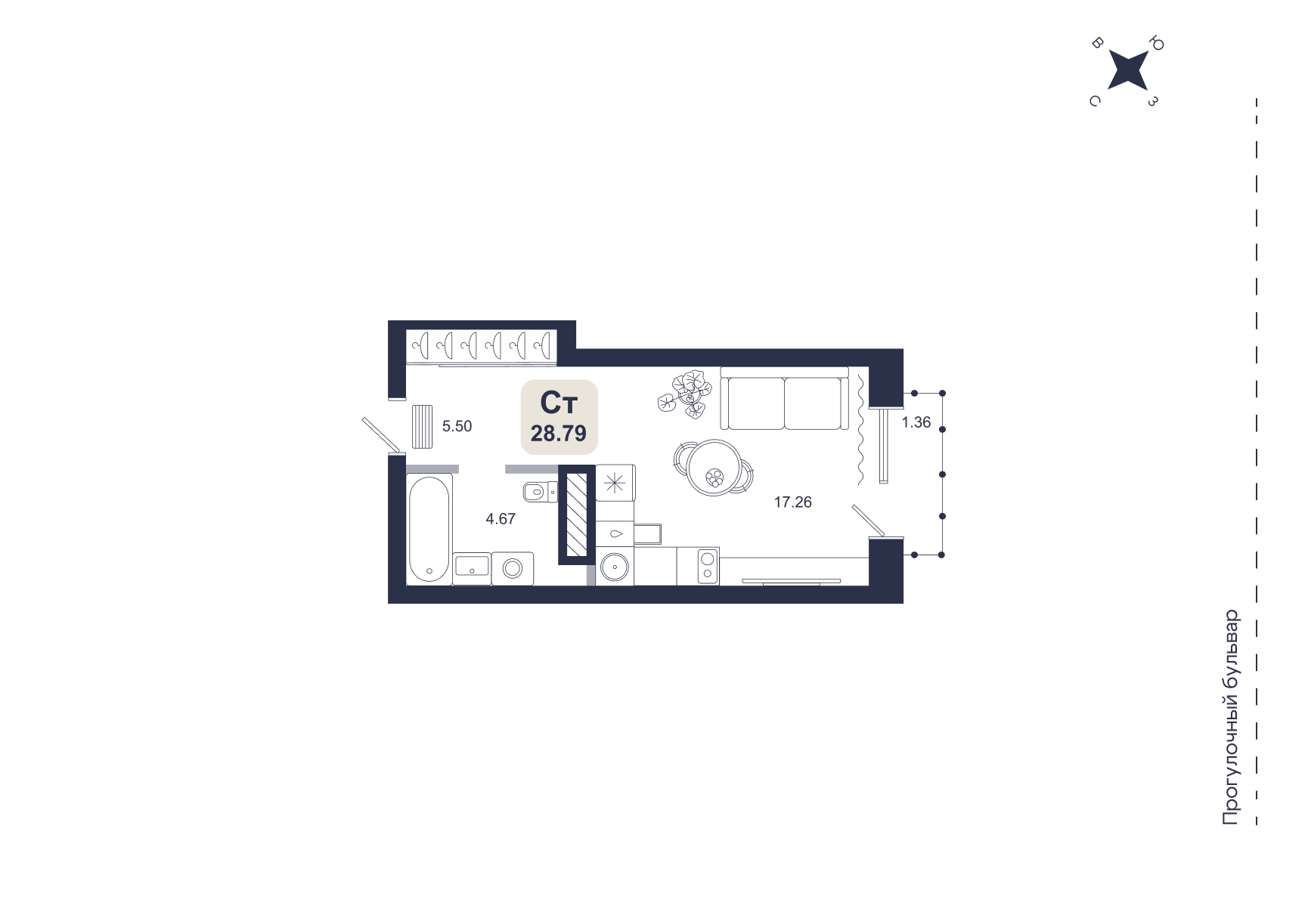 Планировка: Студия 28.8 м² в ЖК Хито, От Слободы до Комарово парк