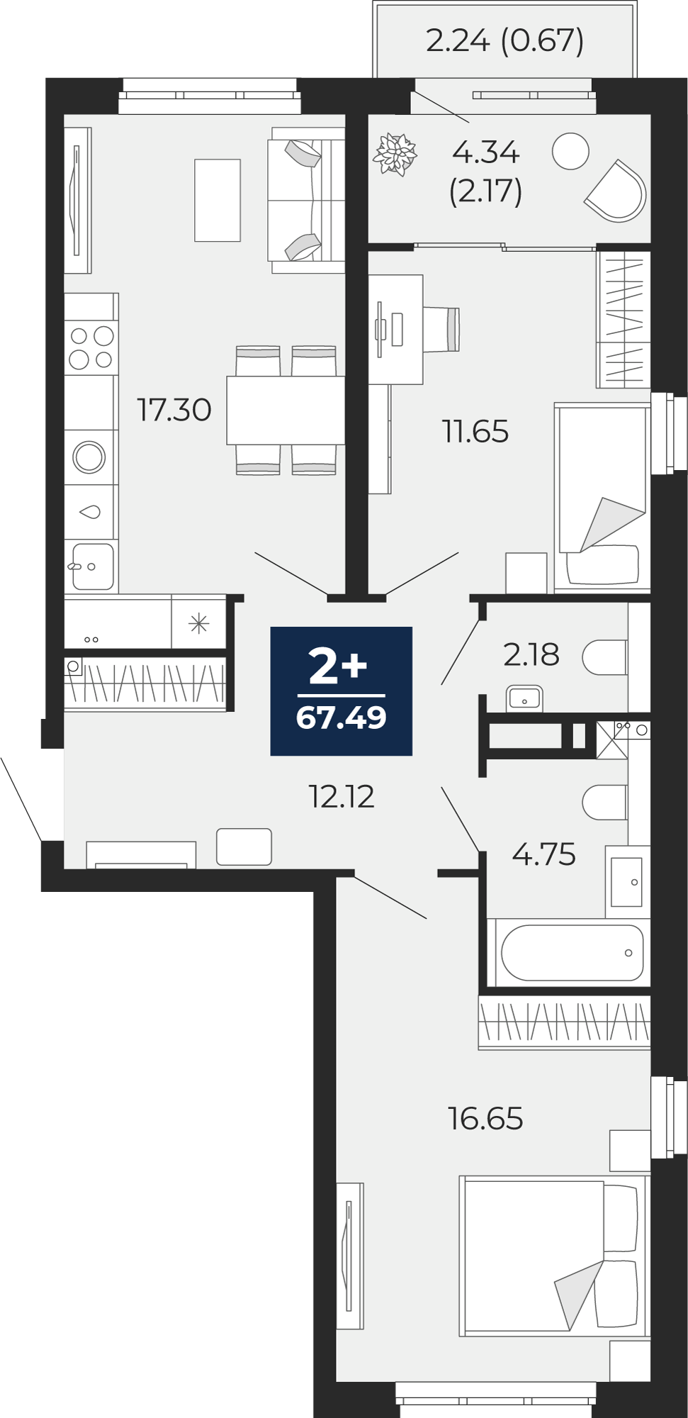 Планировка: Евротрешка 71.2 м² в ЖК Беринг, Лесобаза