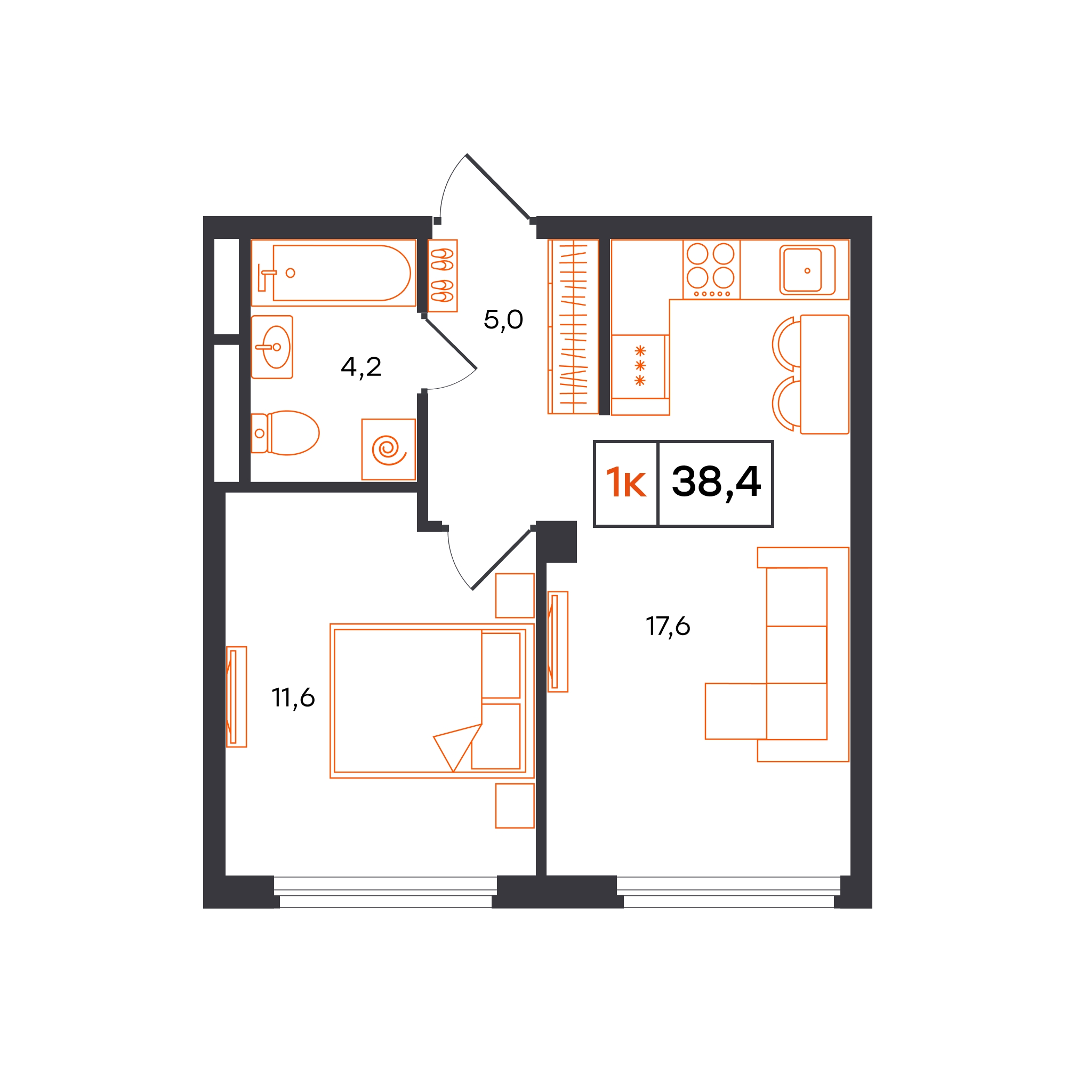 Планировка: Евродвушка 38.4 м² в ЖК Отличие, Комарово Парк