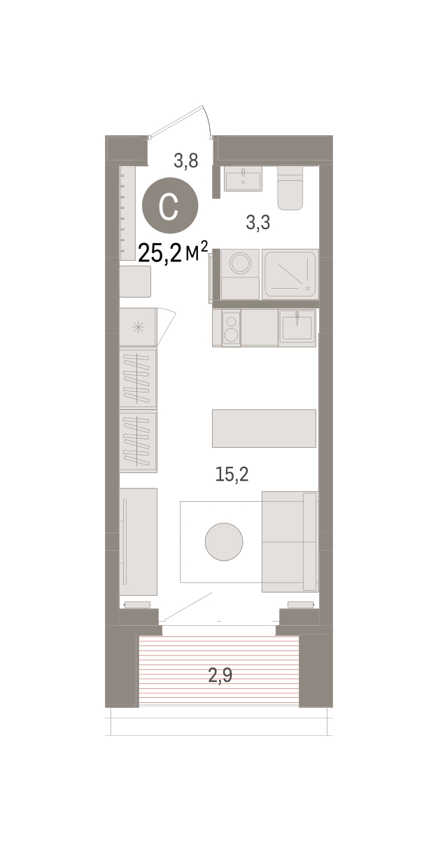 Планировка: Студия 25.2 м² в ЖК На Минской, Центр: Драмтеатр