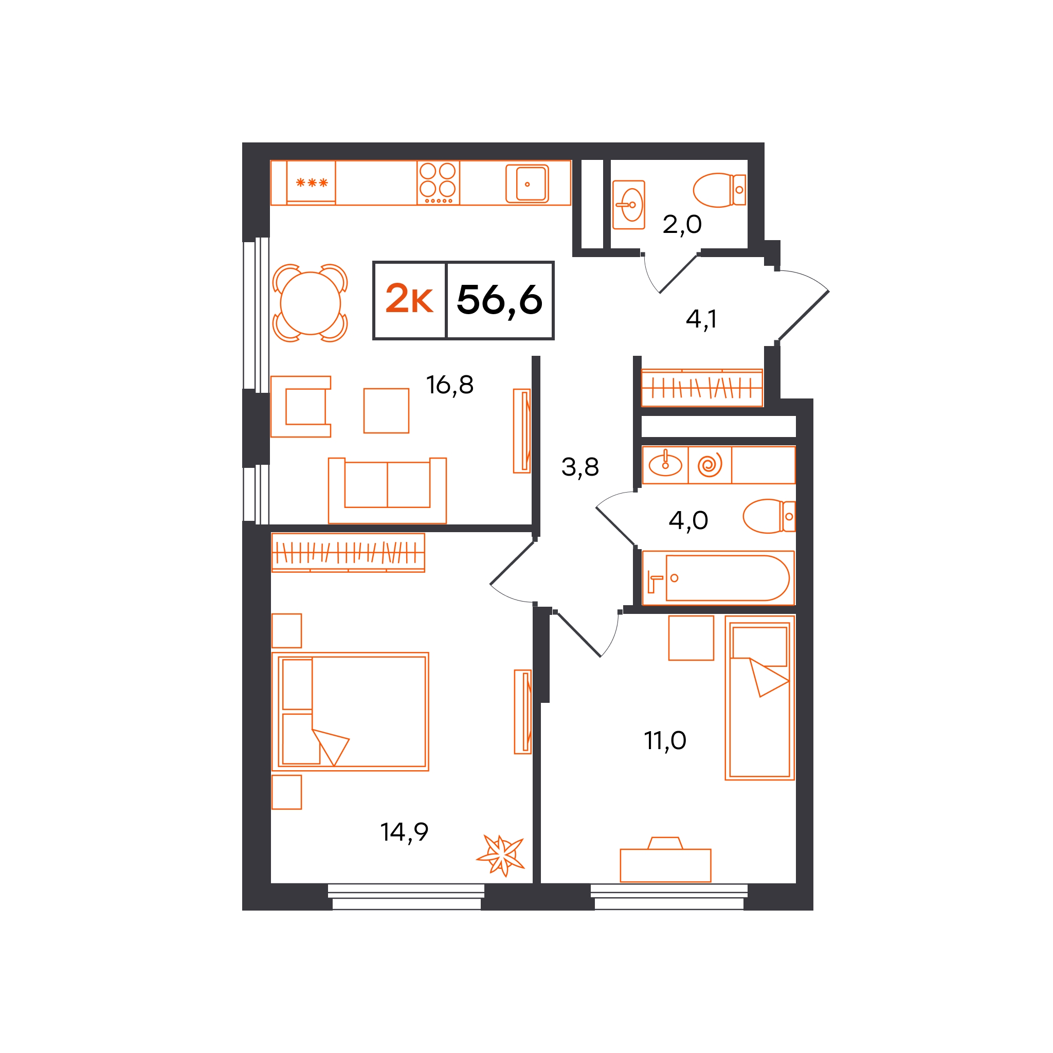 Планировка: Евротрешка 56.6 м² в ЖК Отличие, Комарово Парк
