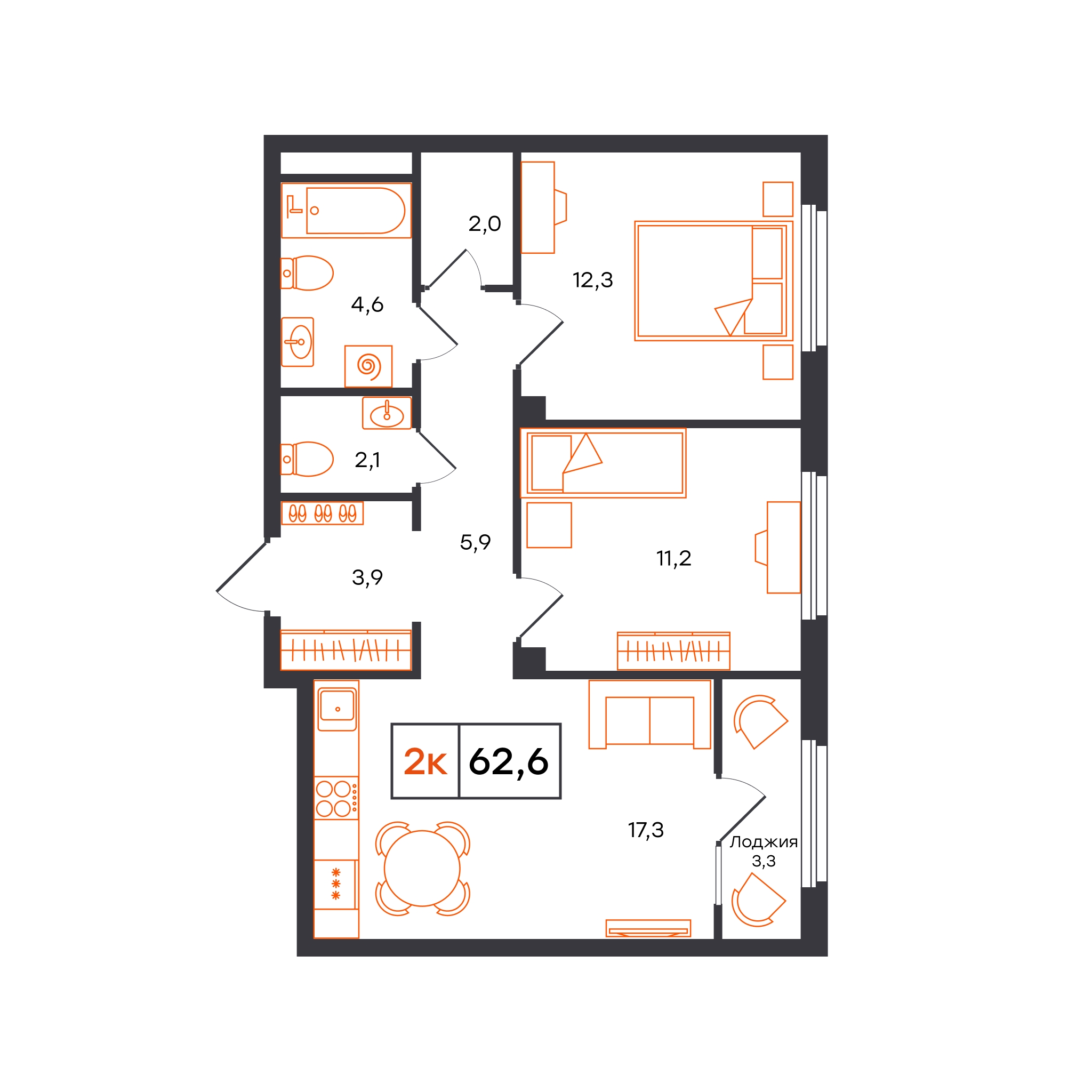 Планировка: Евротрешка 62.6 м² в ЖК Отличие, Комарово Парк