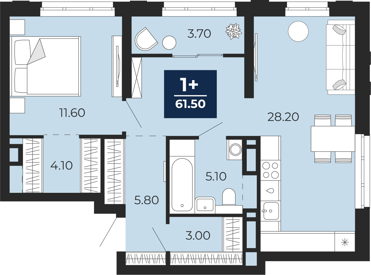 Планировка: 1-комнатная 61.5 м² в ЖК Айвазовский, 5-й Заречный