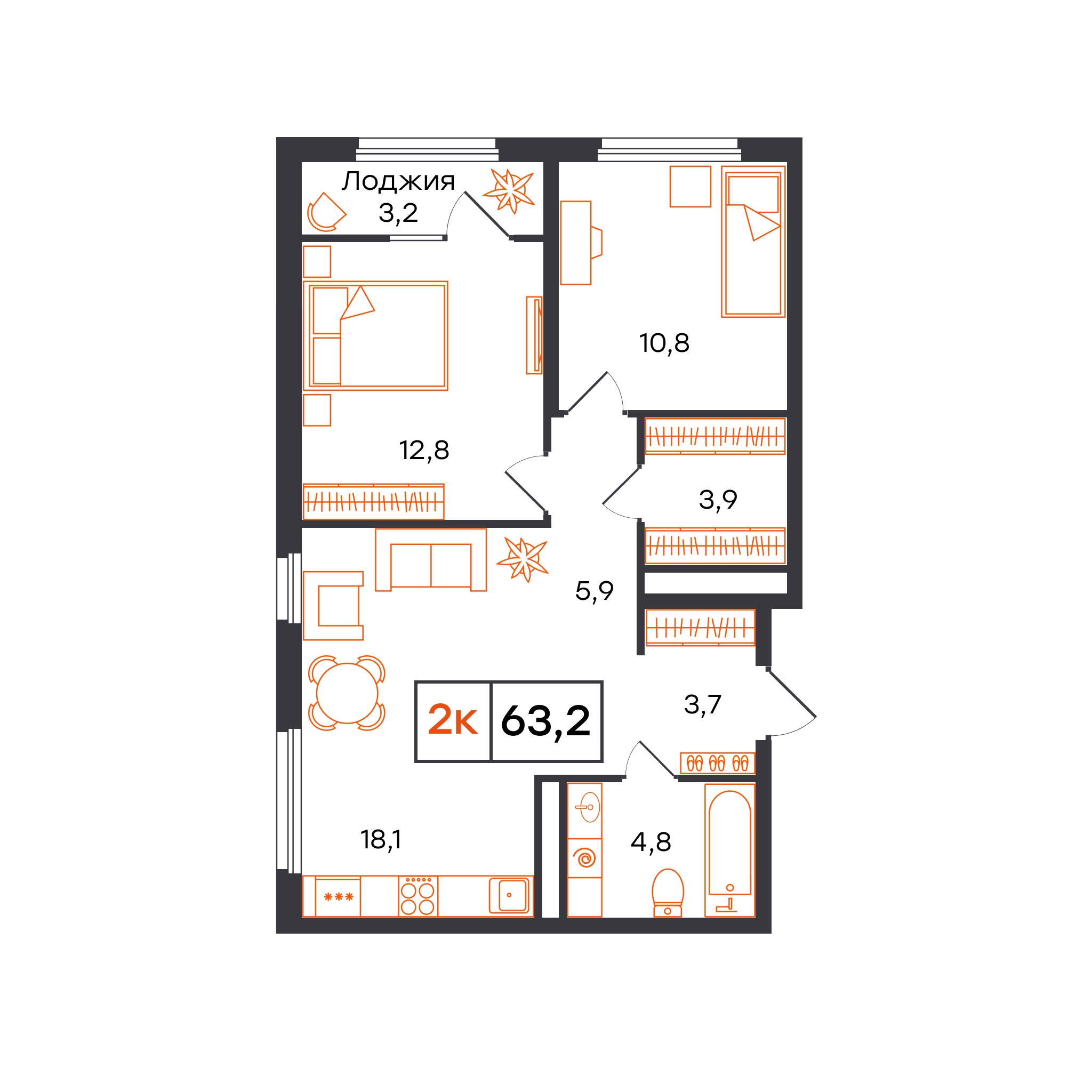 Планировка: Евротрешка 63.2 м² в ЖК Отличие, Комарово Парк