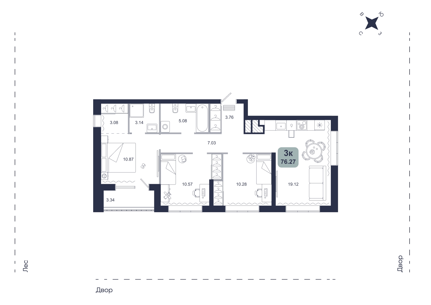 Планировка: 4-комнатная евро 76.3 м² в ЖК Хито, От Слободы до Комарово парк