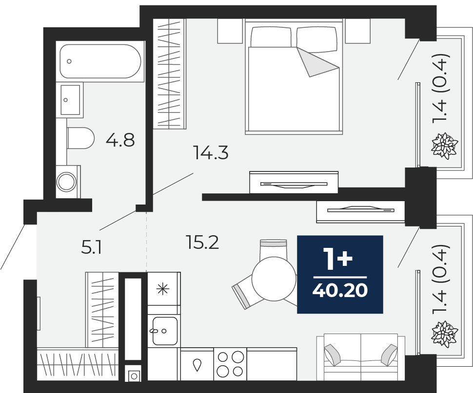 Планировка: Евродвушка 42.2 м² в ЖК Мириады, Мыс