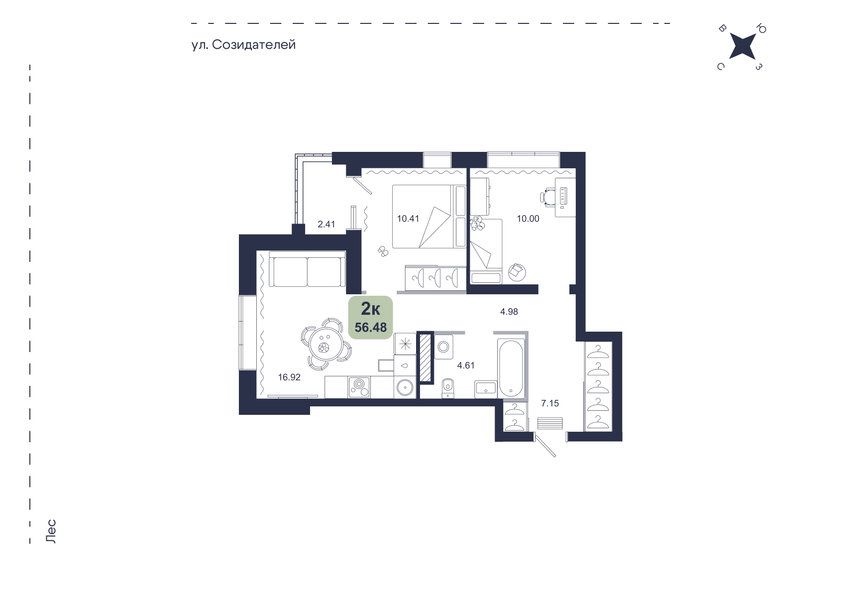 Планировка: Евротрешка 56.5 м² в ЖК Хито, От Слободы до Комарово парк