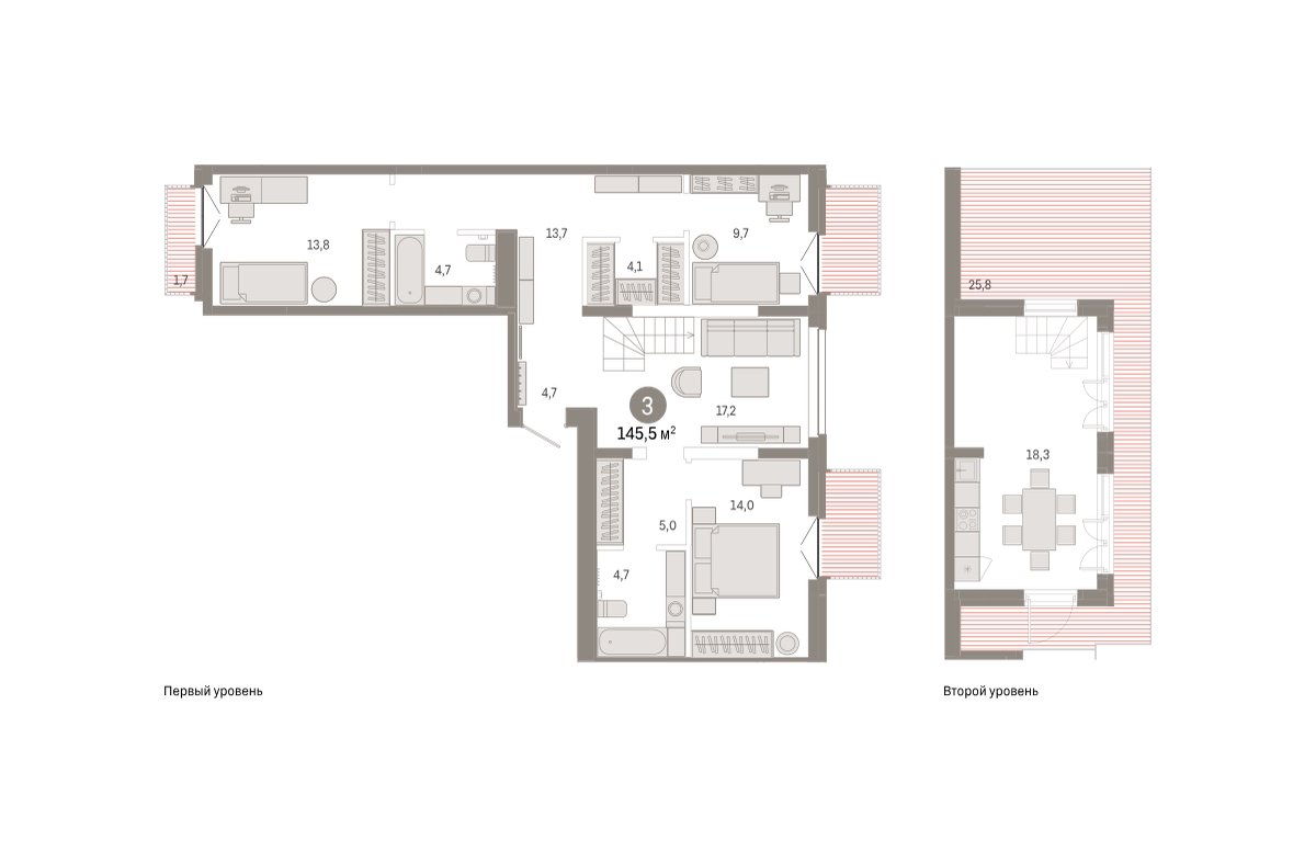 Планировка: 3-комнатная 145.5 м² в ЖК Республики 205, Центр: КПД