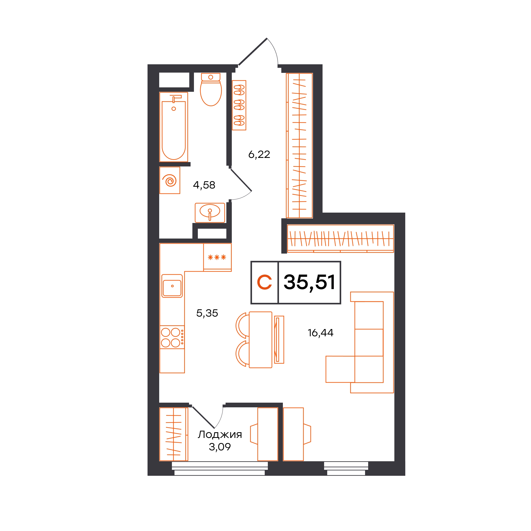 Планировка: Студия 35.5 м² в ЖК Отличие, Комарово Парк