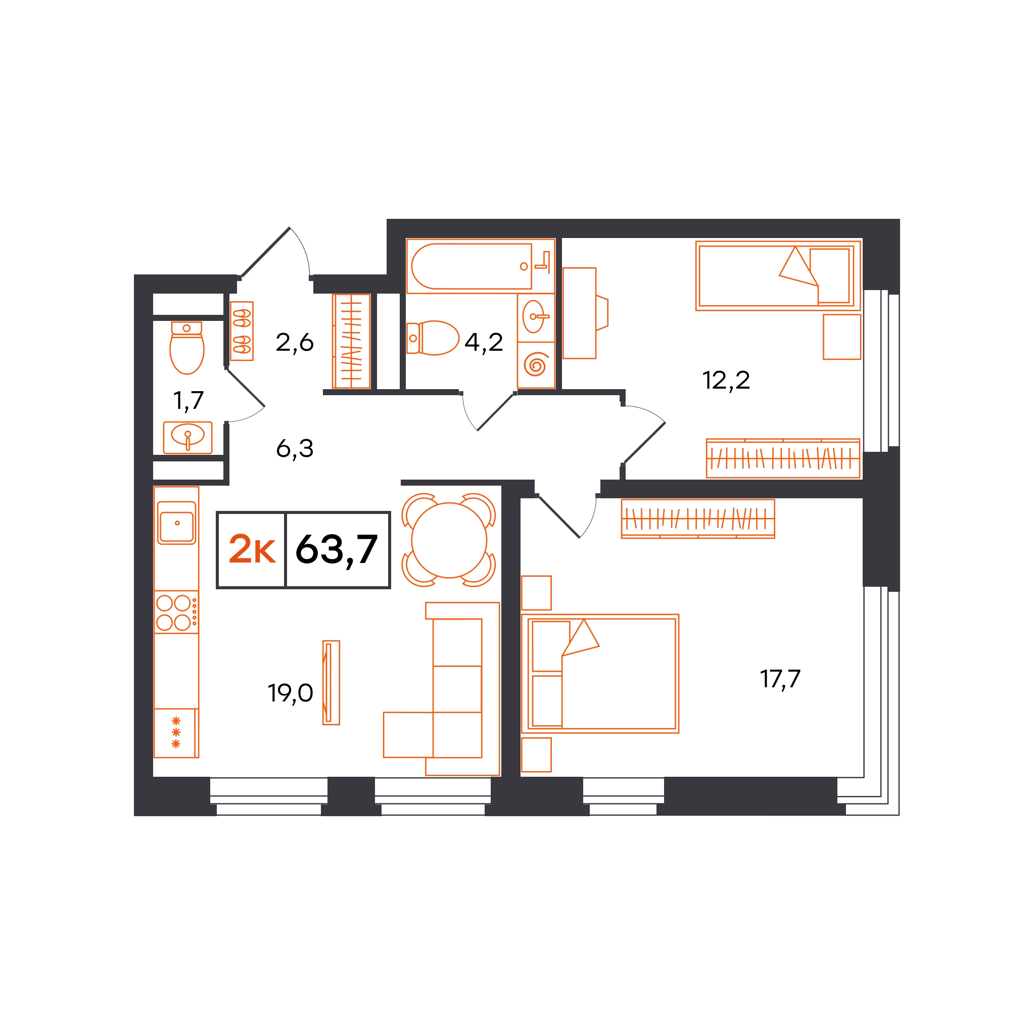 Планировка: Евротрешка 63.7 м² в ЖК Отличие, Комарово Парк
