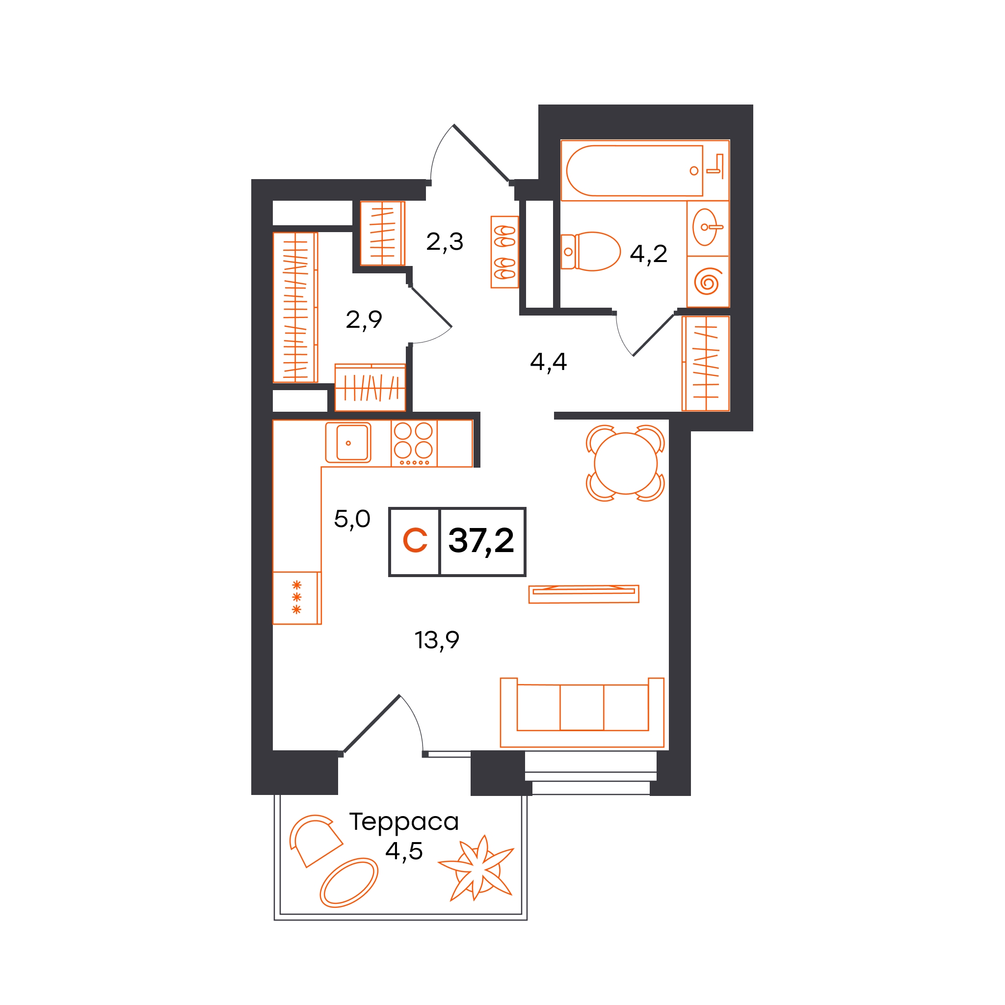 Планировка: Студия 37.2 м² в ЖК Отличие, Комарово Парк