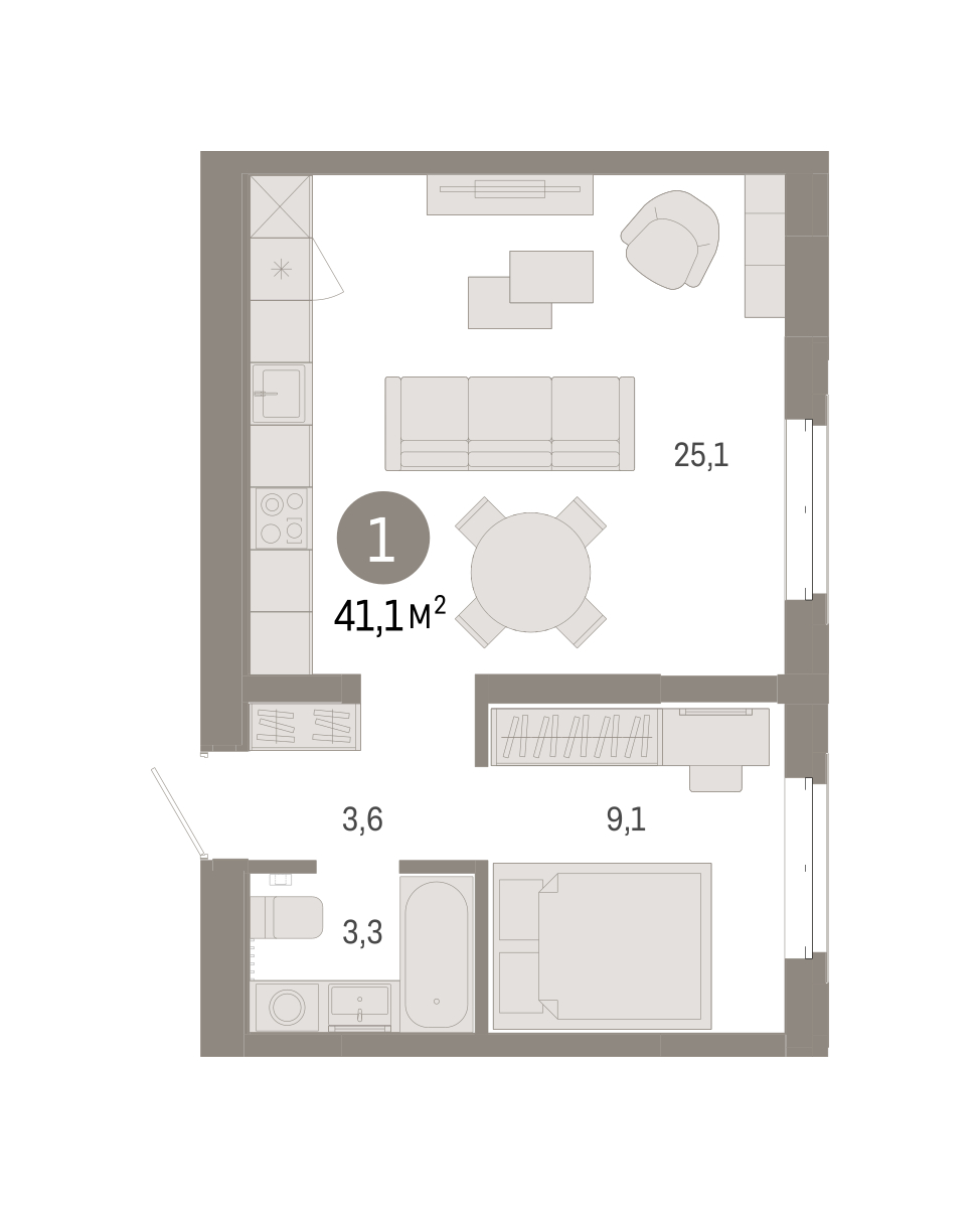 Планировка: 1-комнатная 41.1 м² в ЖК На Минской, Центр: Драмтеатр