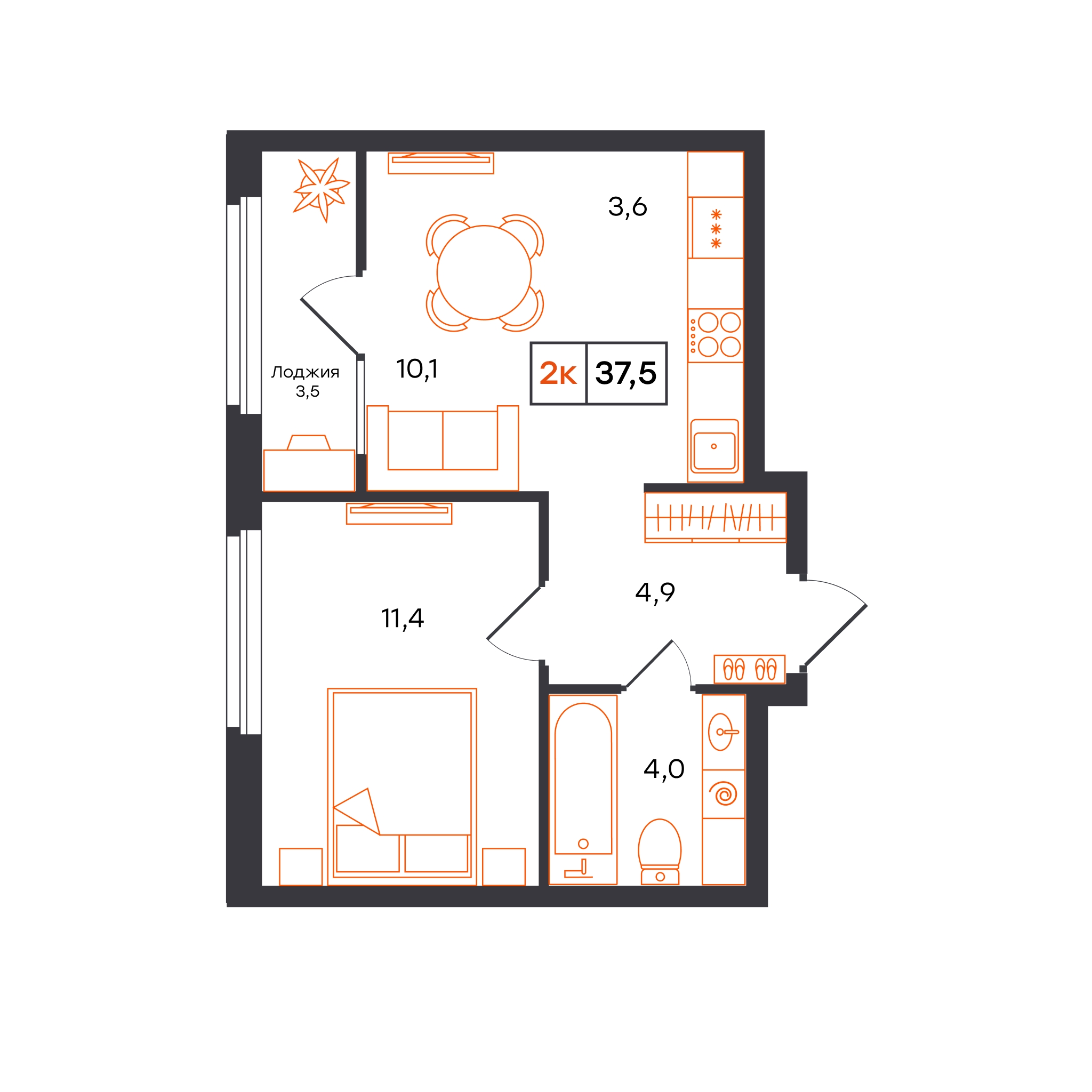 Планировка: Евродвушка 37.5 м² в ЖК Отличие, Комарово Парк