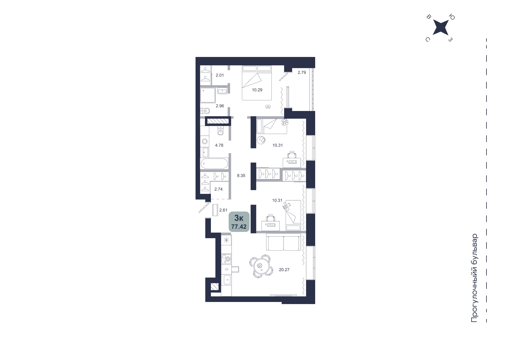 Планировка: 4-комнатная евро 77.4 м² в ЖК Хито, От Слободы до Комарово парк