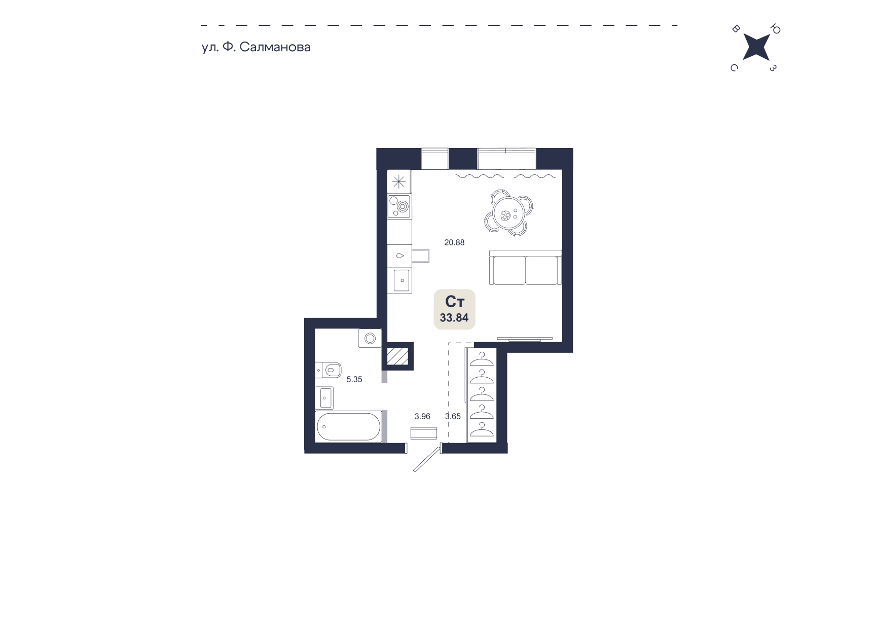 Планировка: Студия 33.8 м² в ЖК Хито, От Слободы до Комарово парк