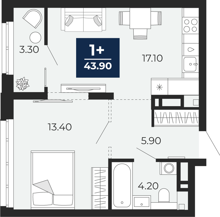 Планировка: Евродвушка 43.9 м² в ЖК Айвазовский, 5-й Заречный