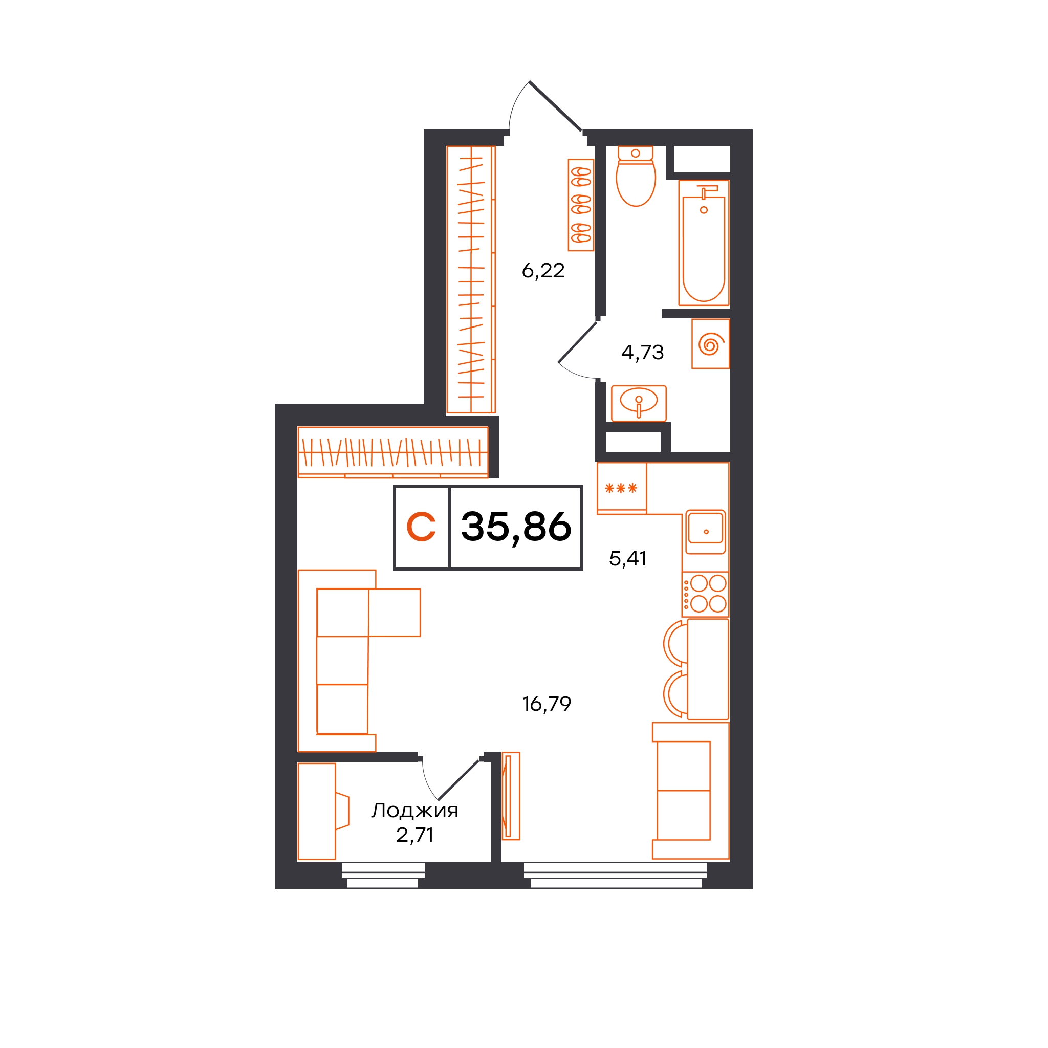 Планировка: Студия 35.9 м² в ЖК Отличие, Комарово Парк