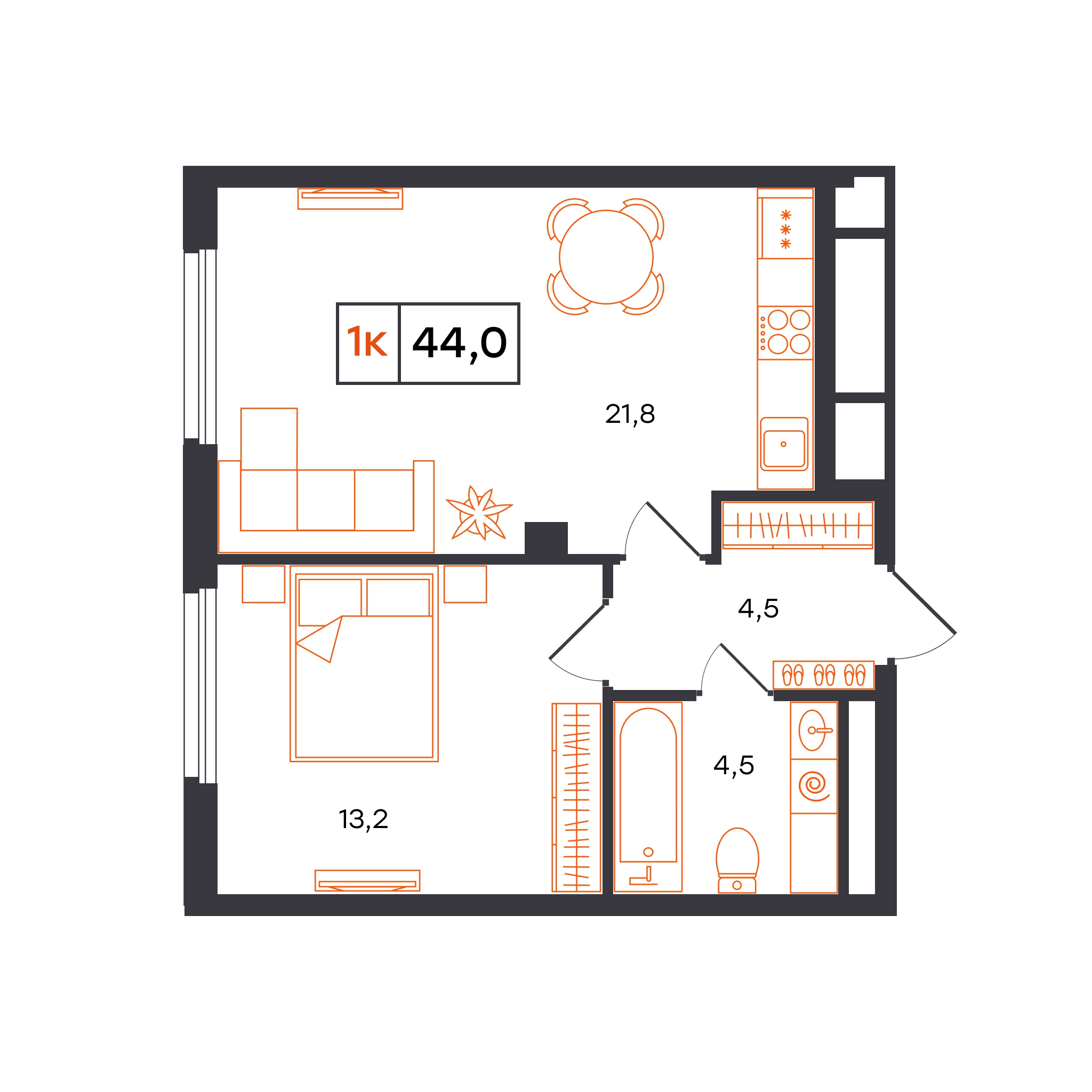 Планировка: Евродвушка 44 м² в ЖК Отличие, Комарово Парк