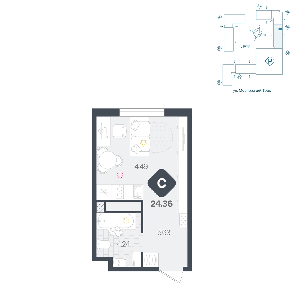 Планировка: Студия 24.4 м² в ЖК Сибирский, Московский тракт