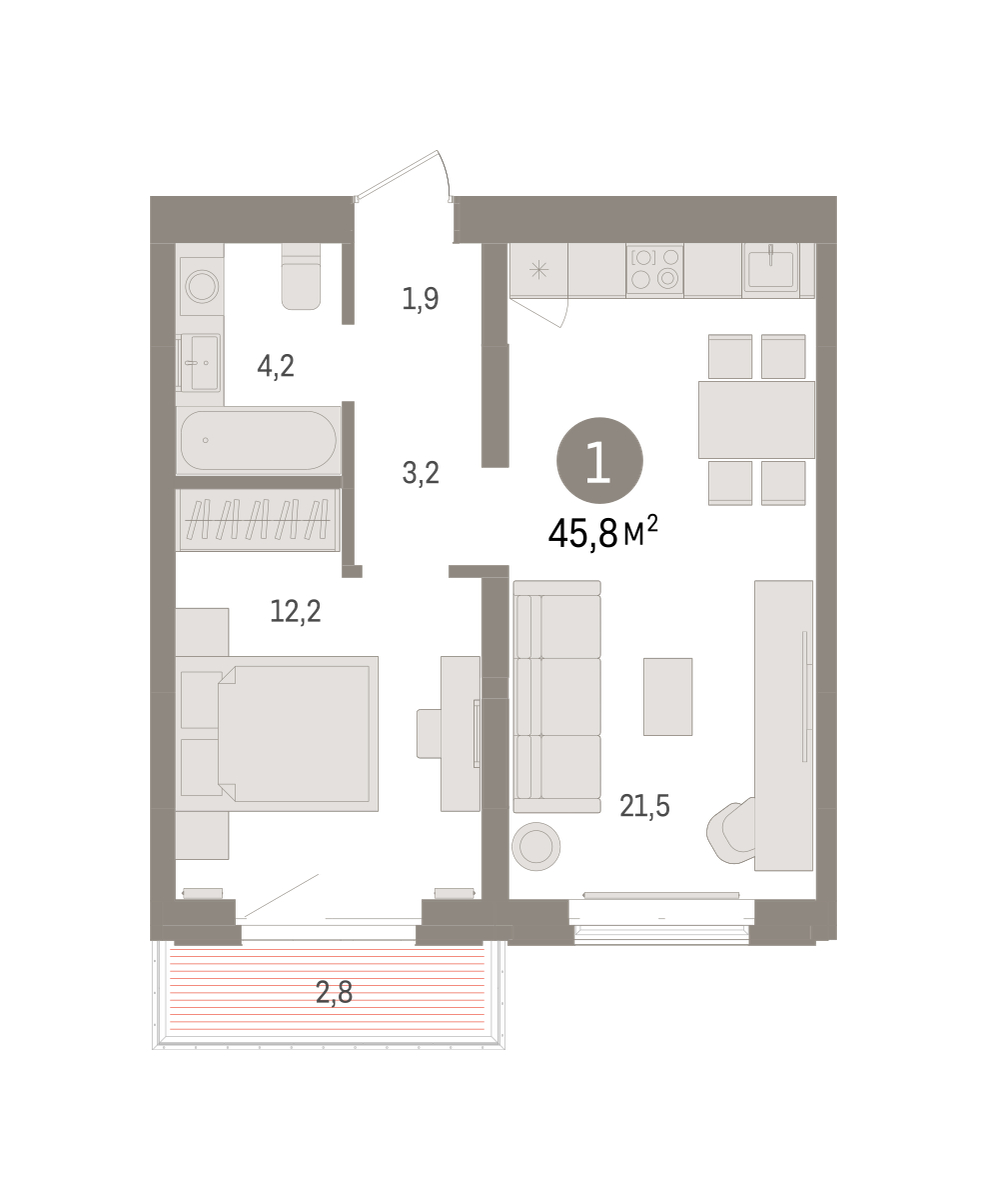 Планировка: 1-комнатная 45.8 м² в ЖК На Минской, Центр: Драмтеатр