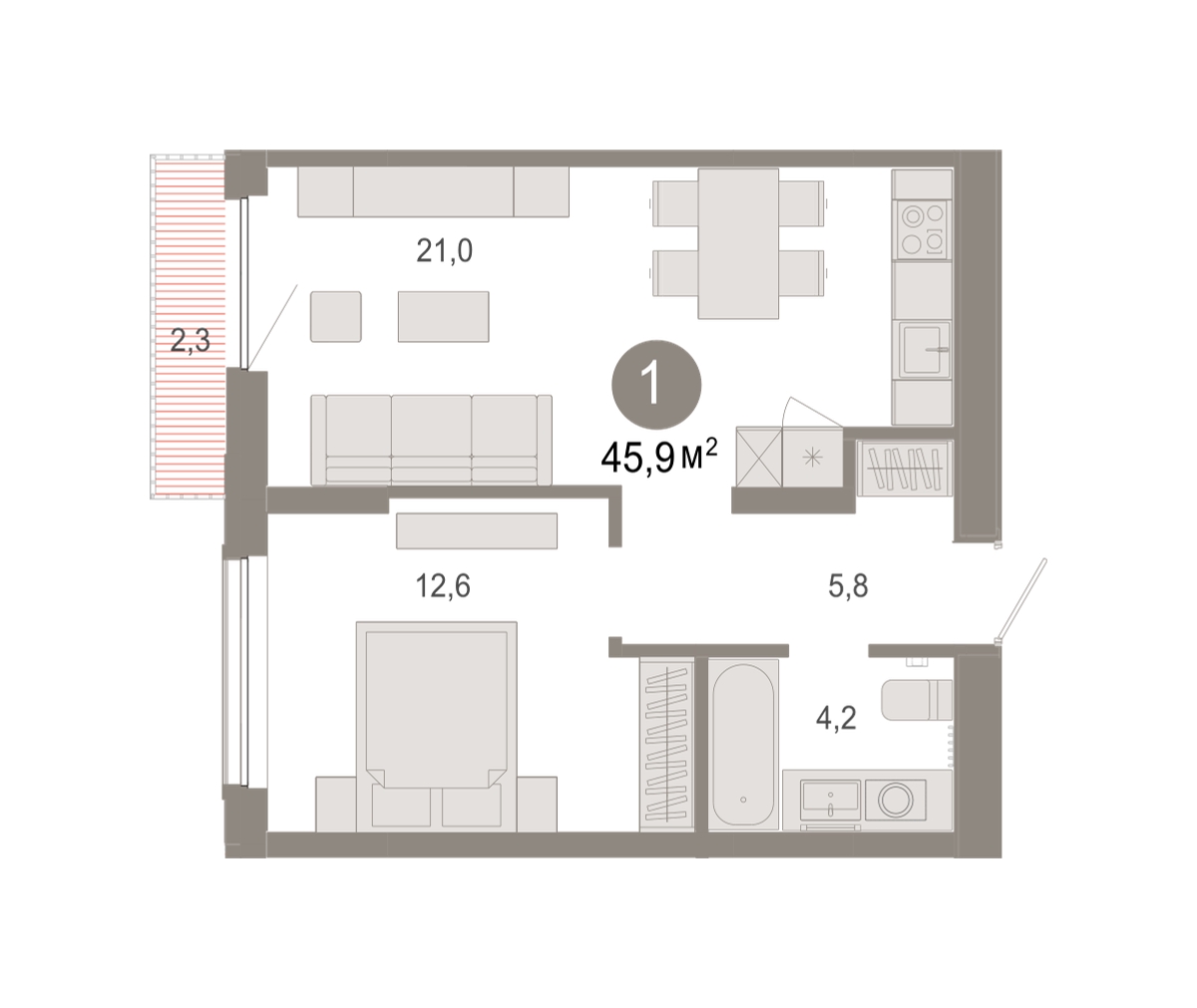Планировка: Евродвушка 45.9 м² в ЖК Октябрьский на Туре, ДОК