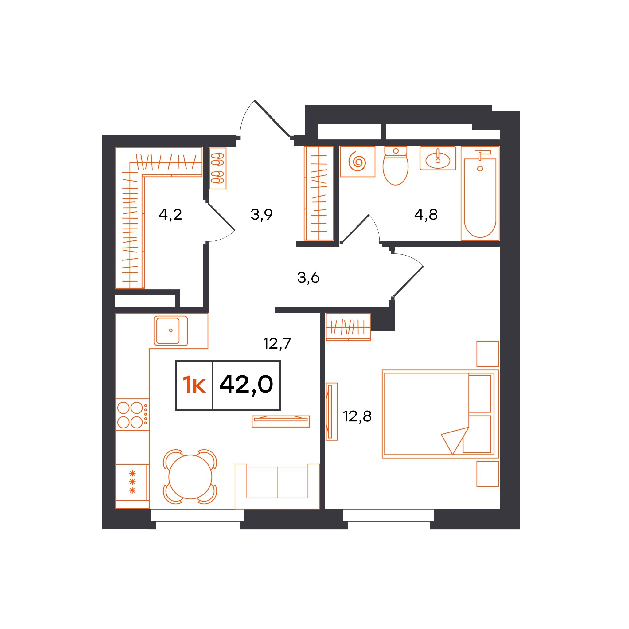 Планировка: Евродвушка 42 м² в ЖК Отличие, Комарово Парк