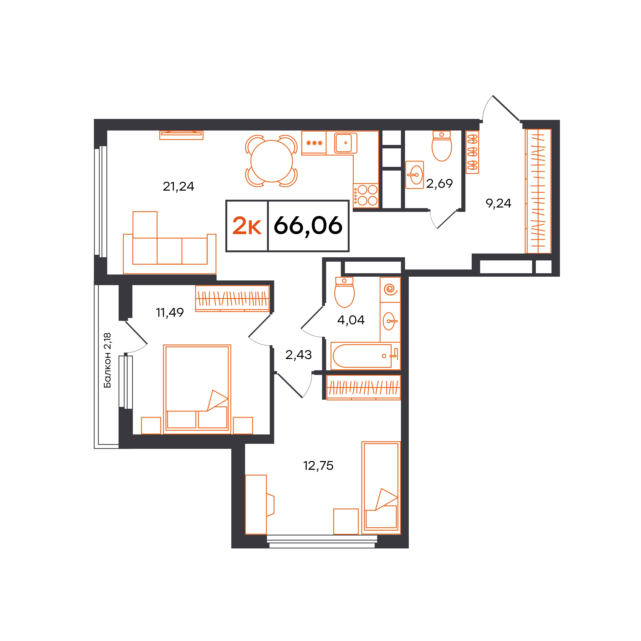 Планировка: Евротрешка 66.1 м² в ЖК Отличие, Комарово Парк
