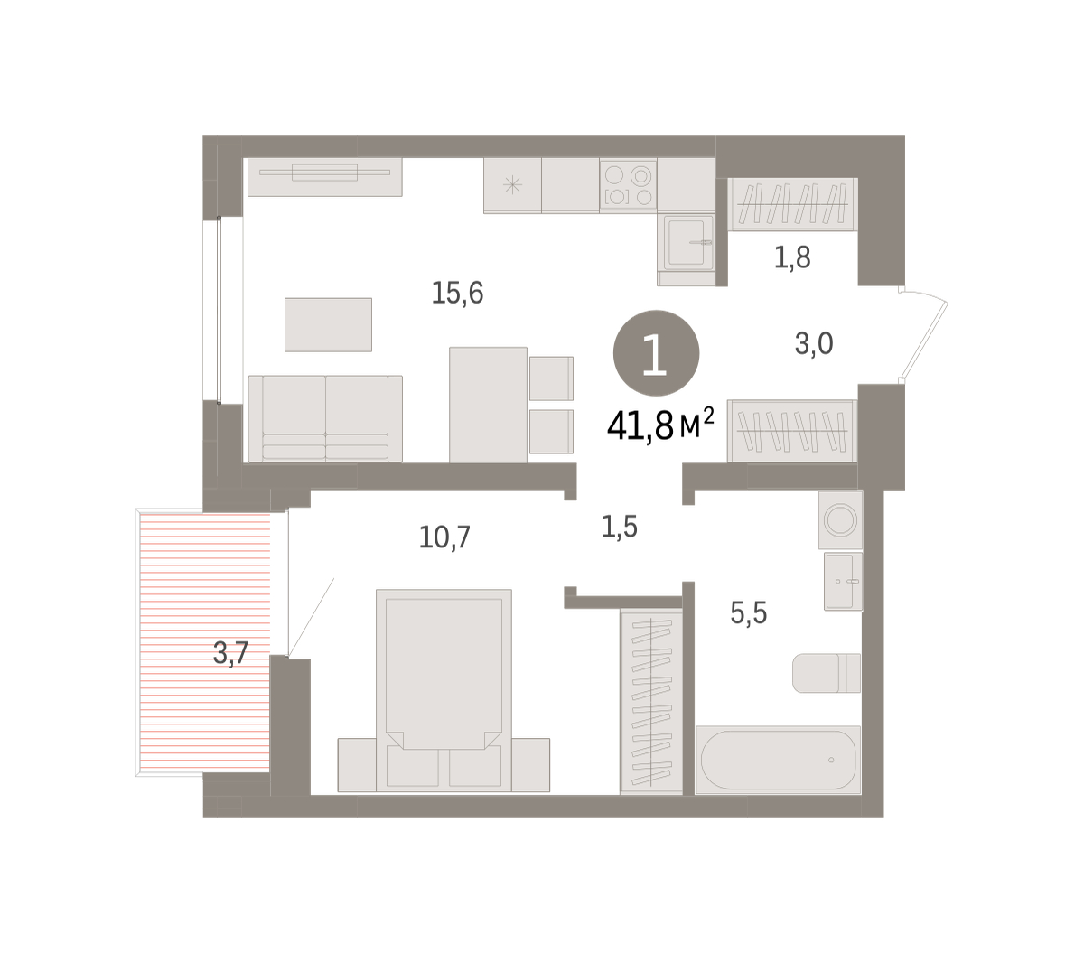 Планировка: 1-комнатная 41.8 м² в ЖК Речной порт, Центр: Дом печати