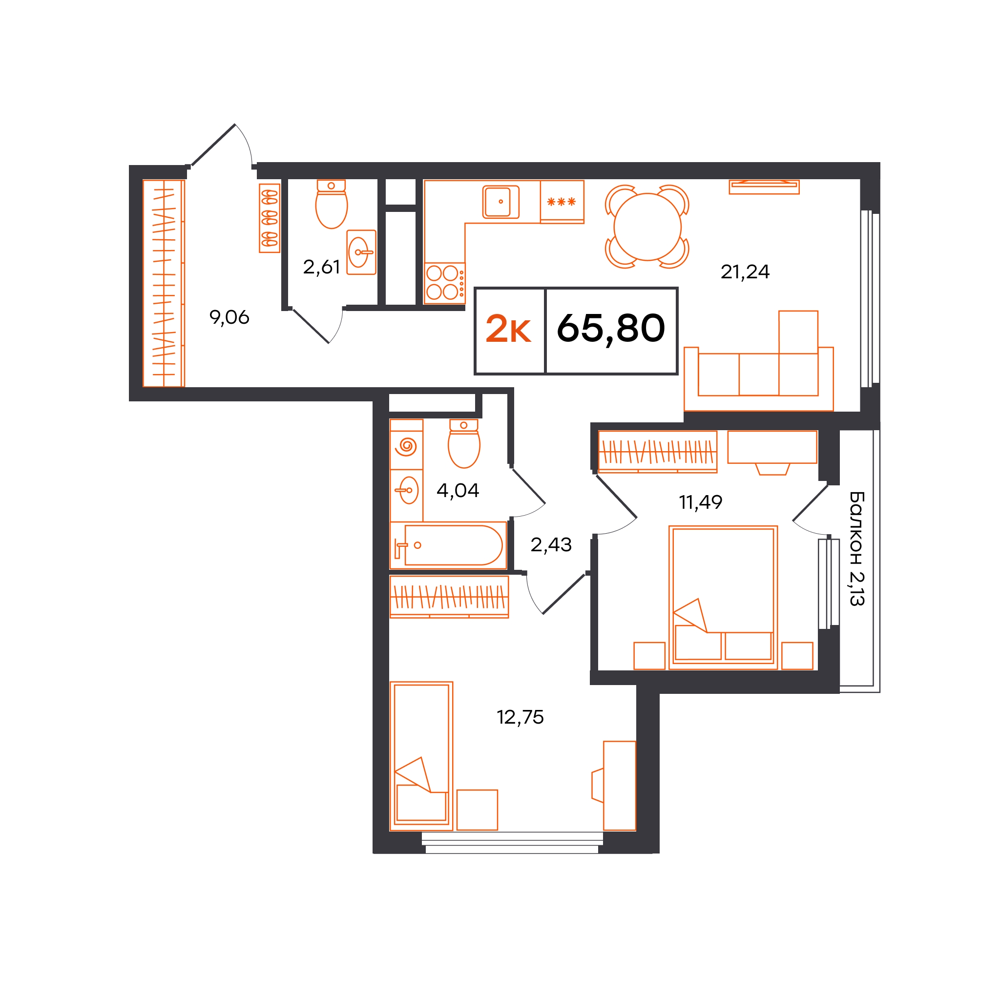 Планировка: Евротрешка 65.8 м² в ЖК Отличие, Комарово Парк