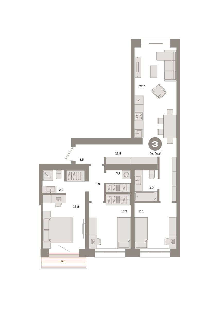 Планировка: 3-комнатная 94 м² в ЖК Речной порт, Центр: Дом печати