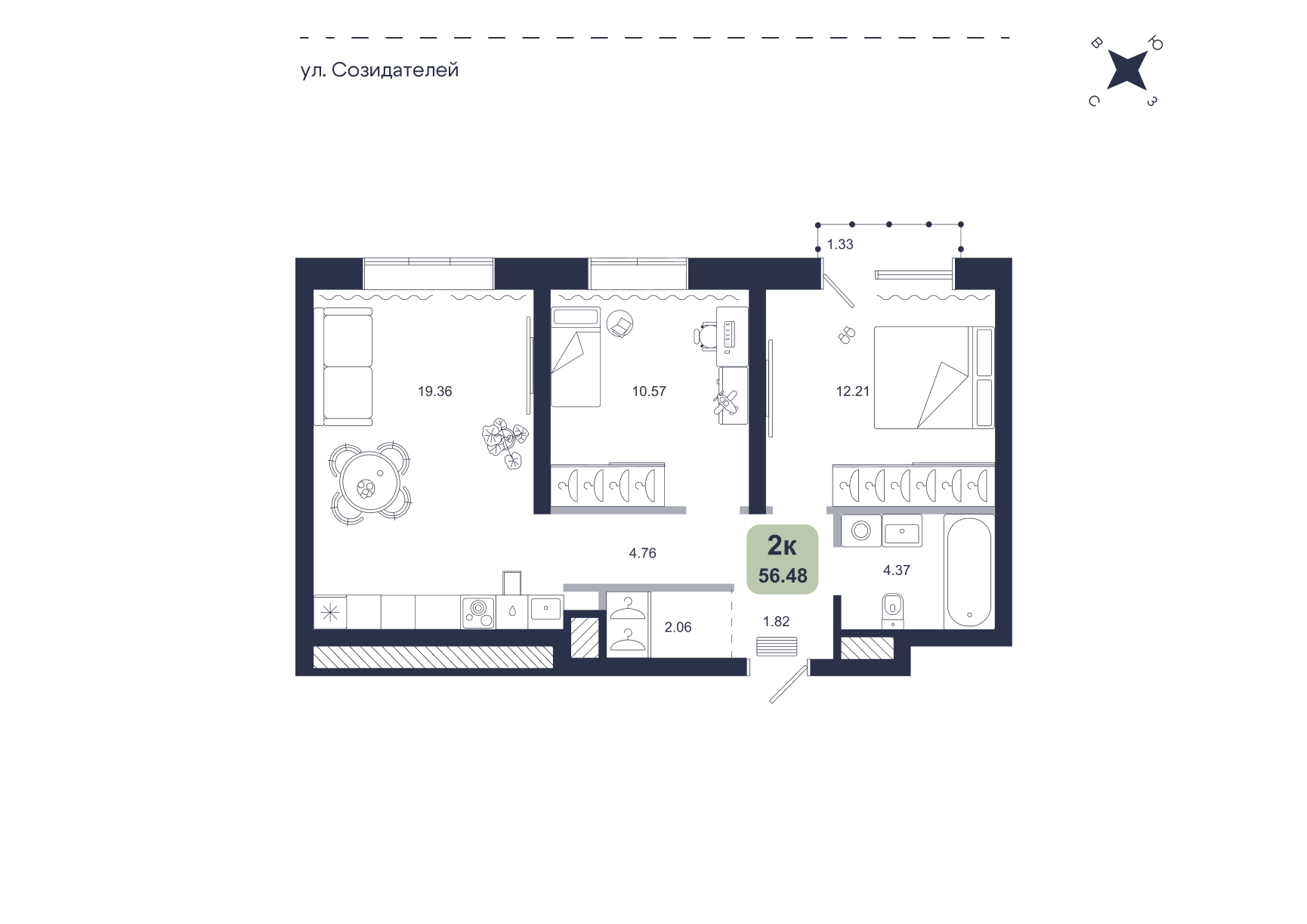 Планировка: Евротрешка 56.5 м² в ЖК Хито, От Слободы до Комарово парк
