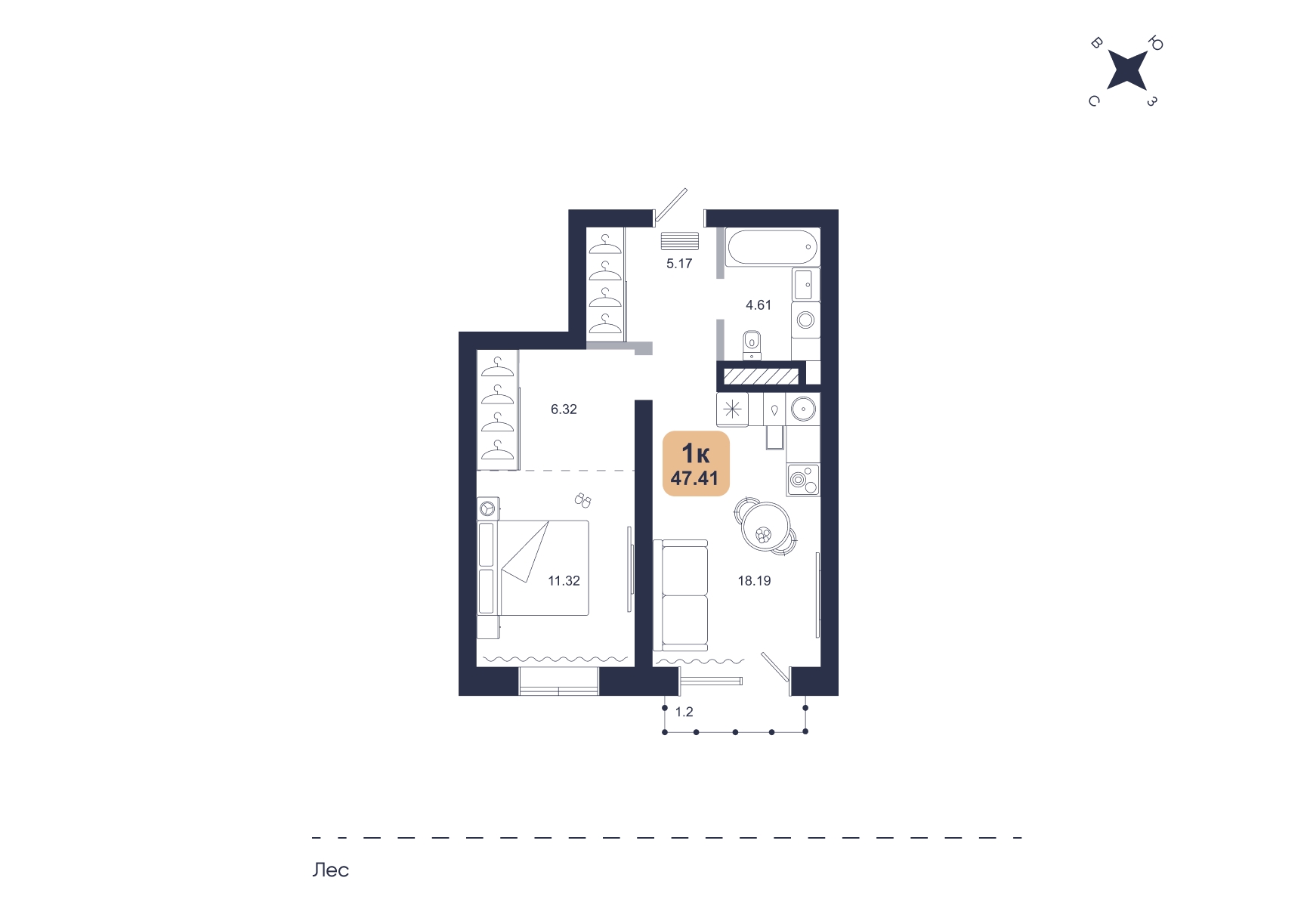 Планировка: Евродвушка 47.4 м² в ЖК Хито, От Слободы до Комарово парк