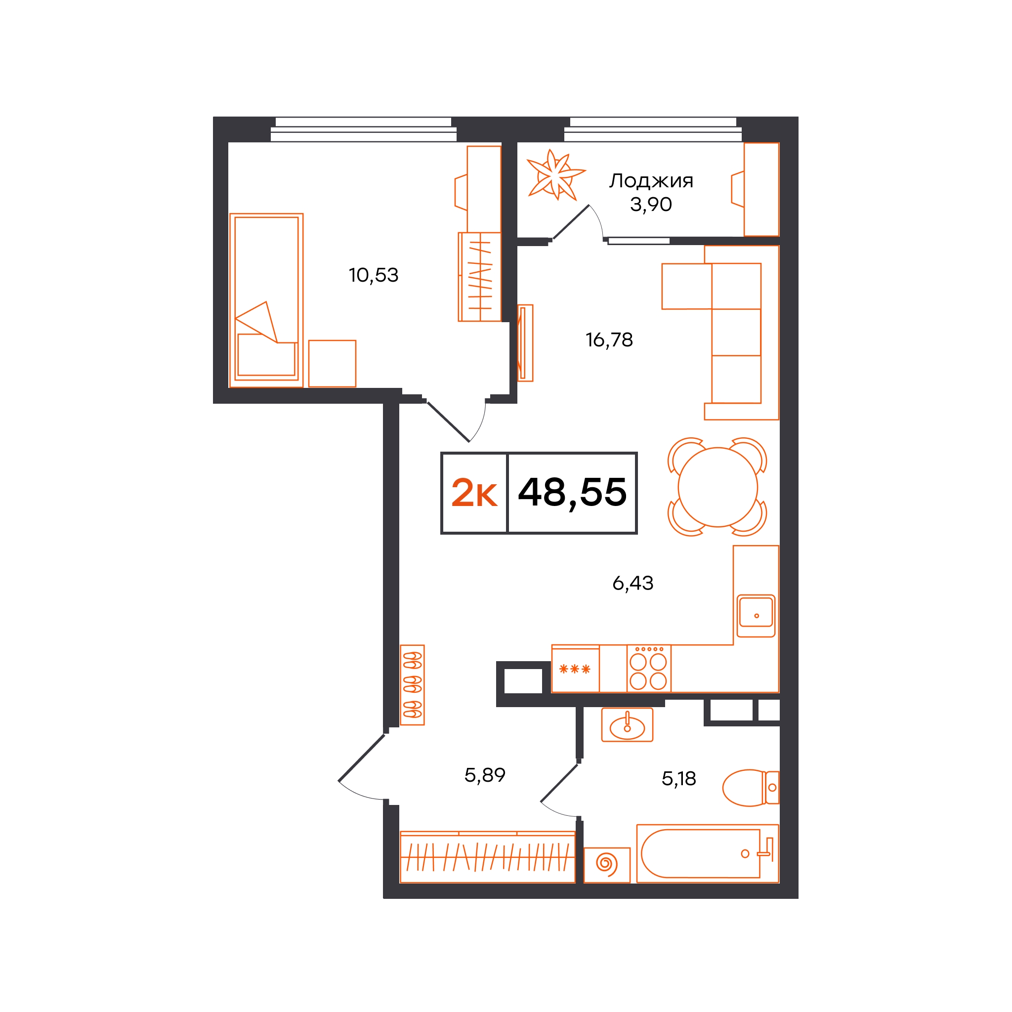 Планировка: Евродвушка 48.5 м² в ЖК Отличие, Комарово Парк