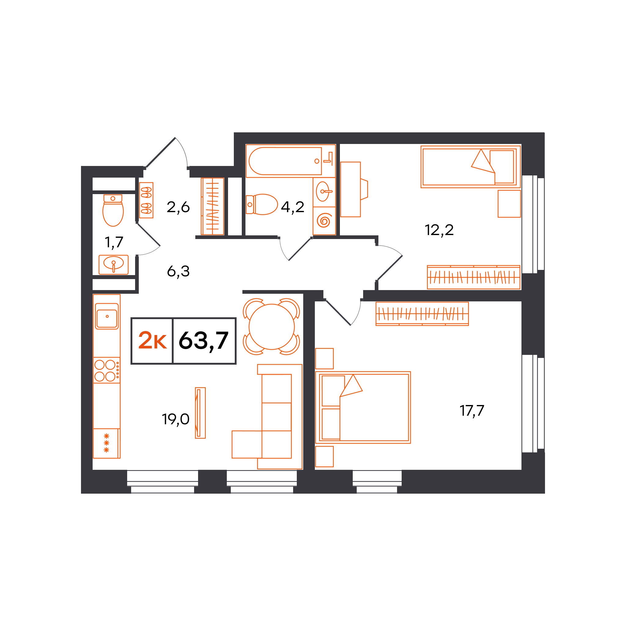 Планировка: Евротрешка 63.7 м² в ЖК Отличие, Комарово Парк