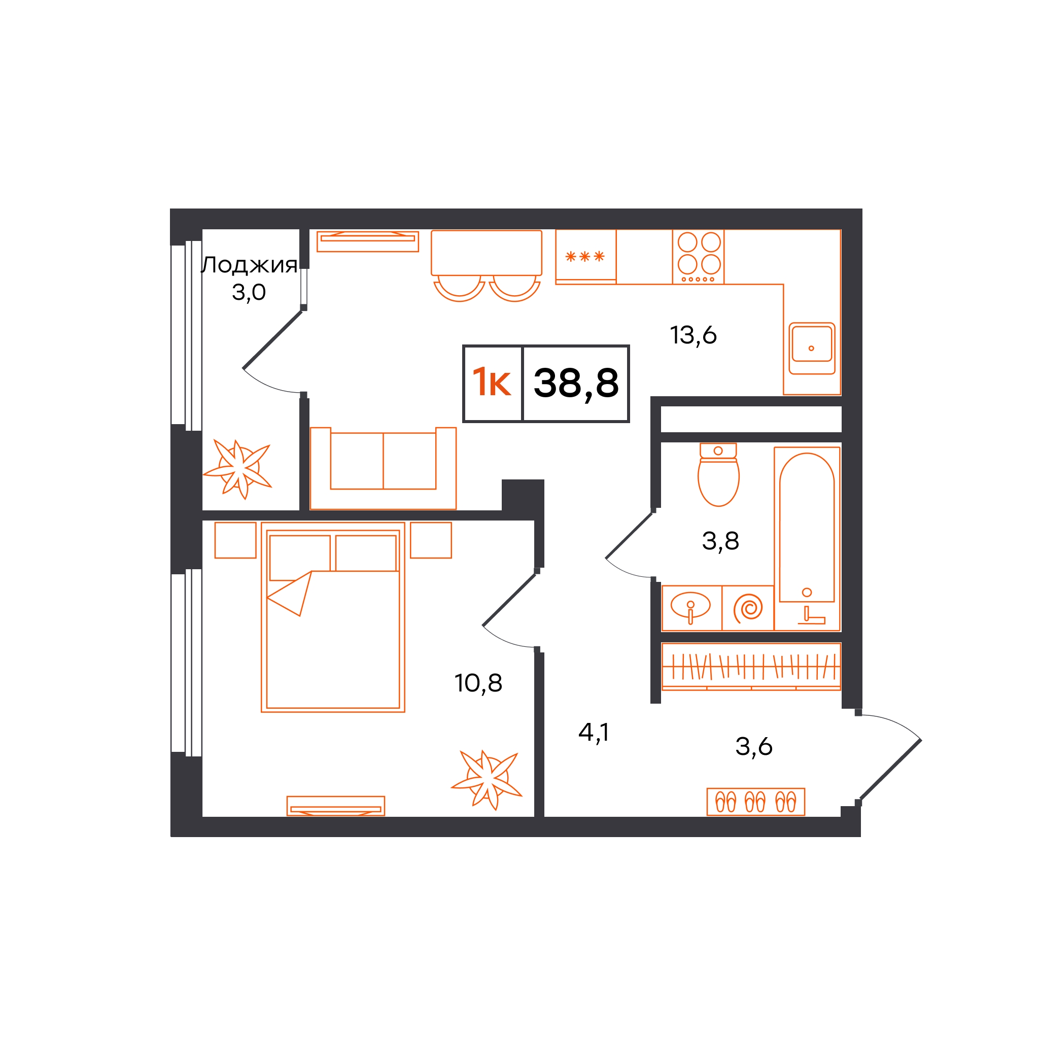 Планировка: Евродвушка 38.8 м² в ЖК Отличие, Комарово Парк
