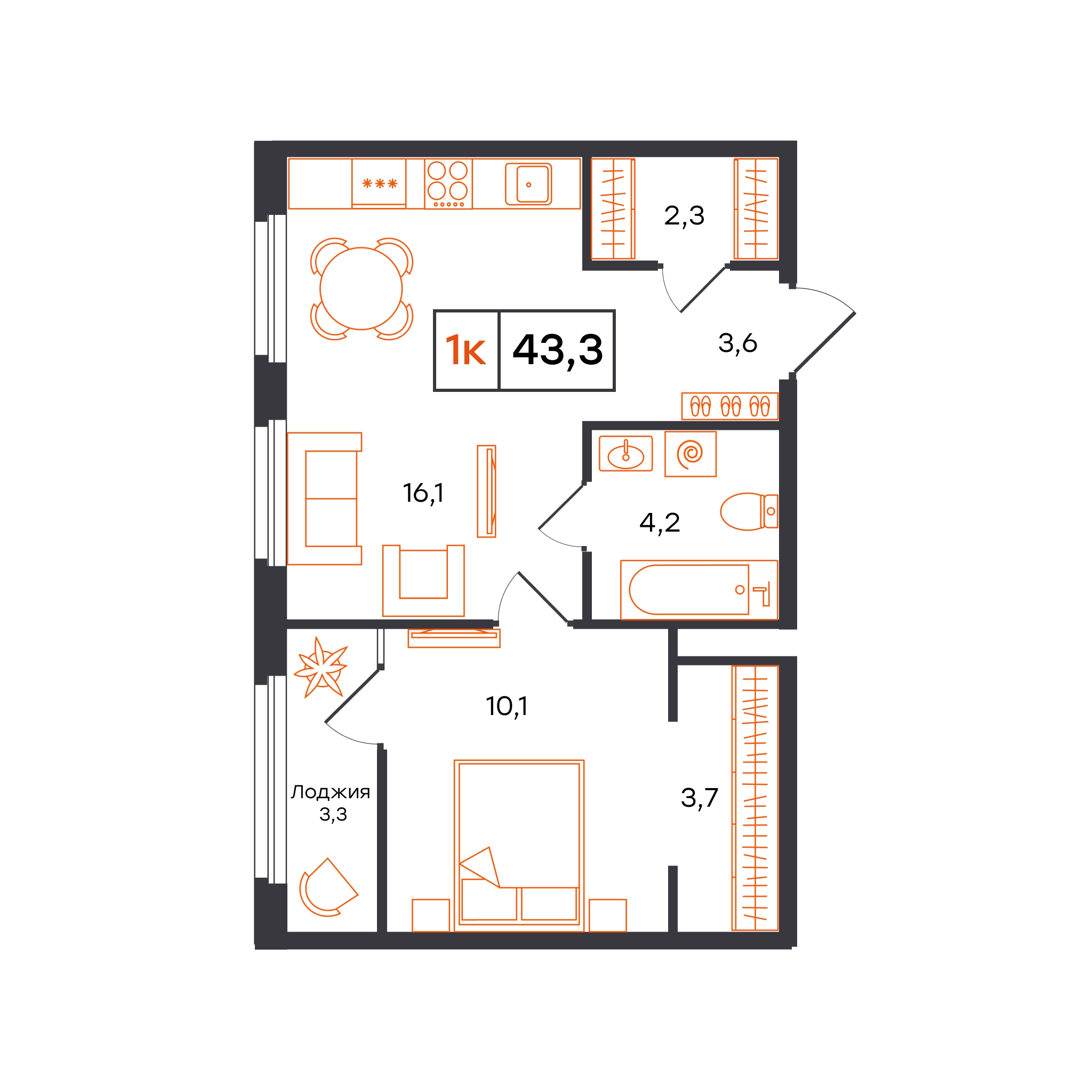 Планировка: Евродвушка 43.3 м² в ЖК Отличие, Комарово Парк