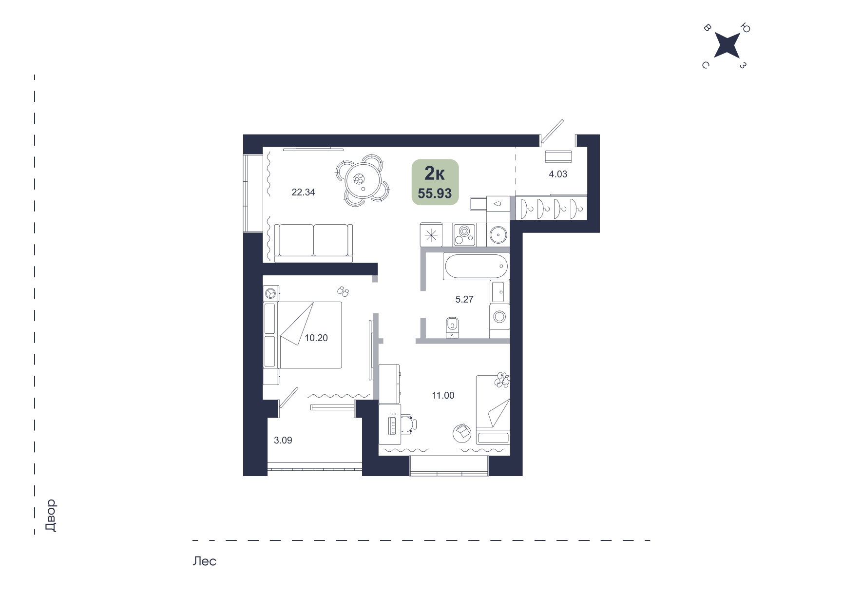 Планировка: Евротрешка 55.9 м² в ЖК Хито, От Слободы до Комарово парк