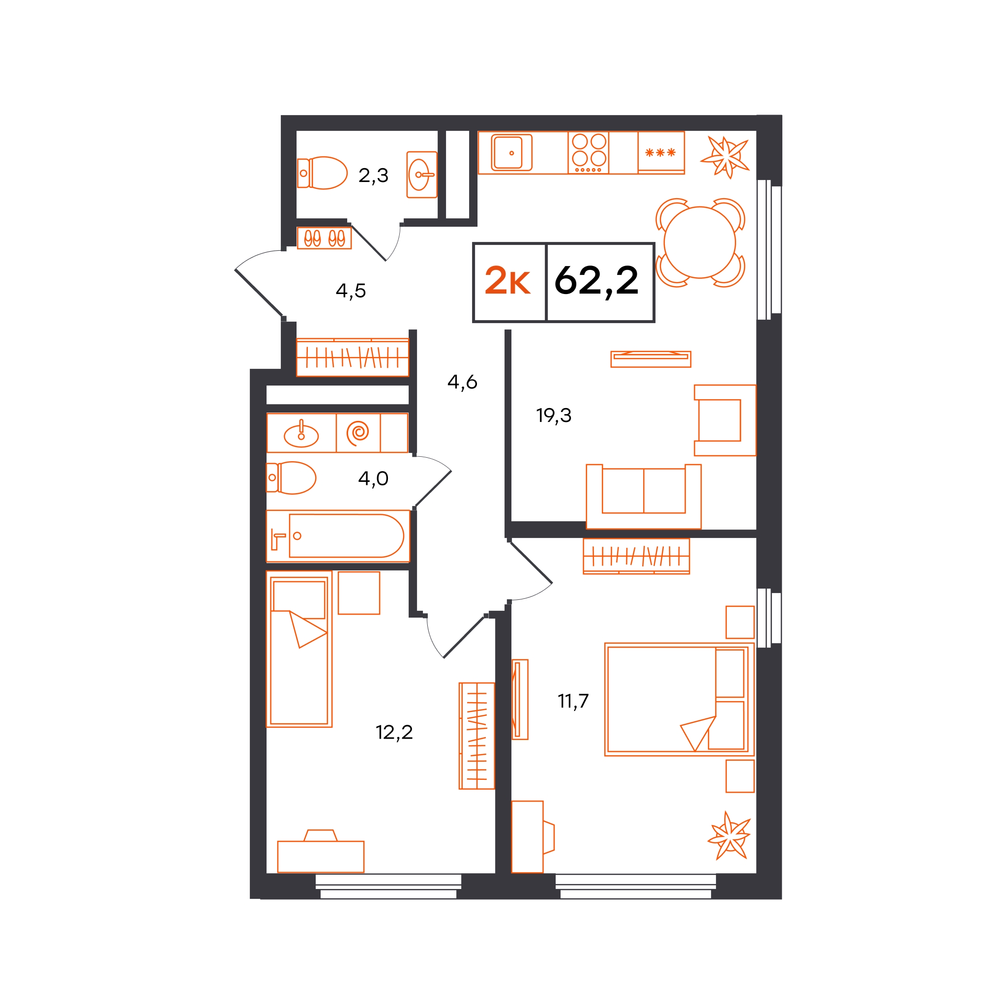 Планировка: Евротрешка 62.2 м² в ЖК Отличие, Комарово Парк