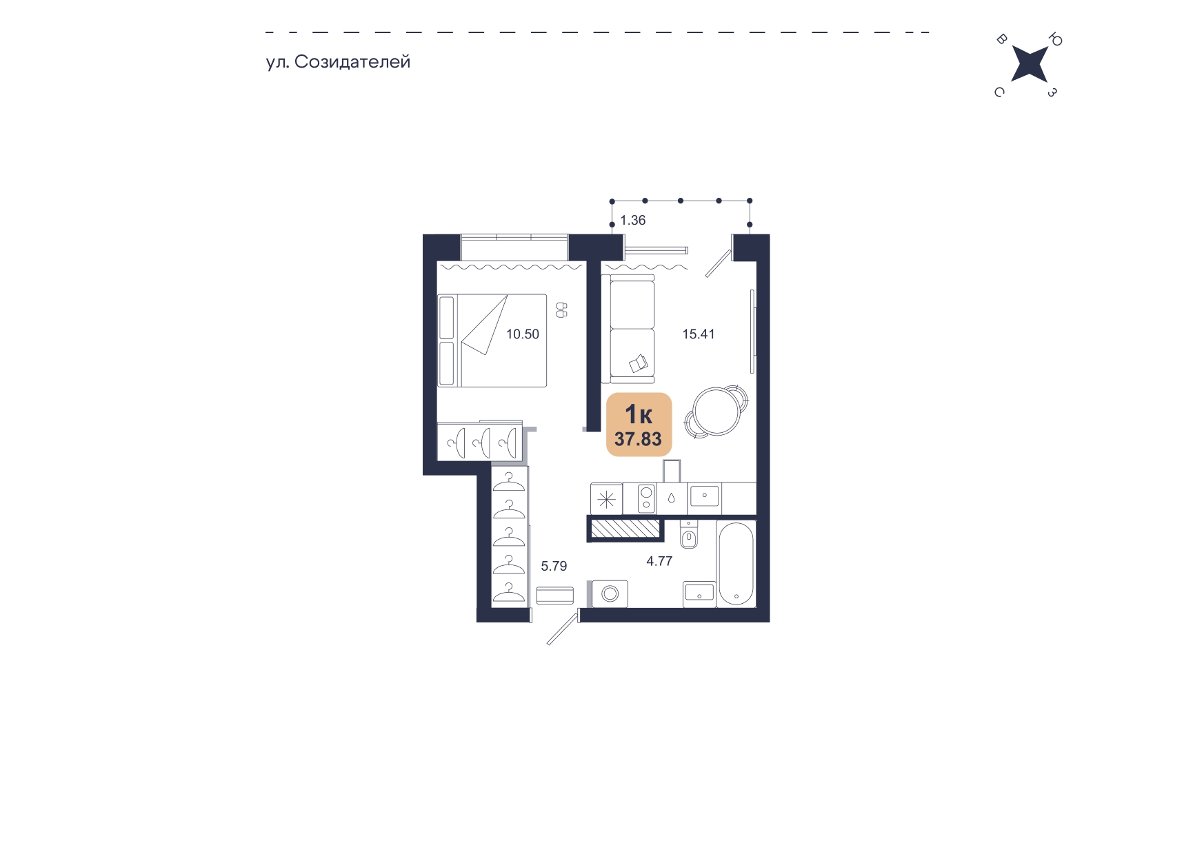 Планировка: Евродвушка 37.8 м² в ЖК Хито, От Слободы до Комарово парк
