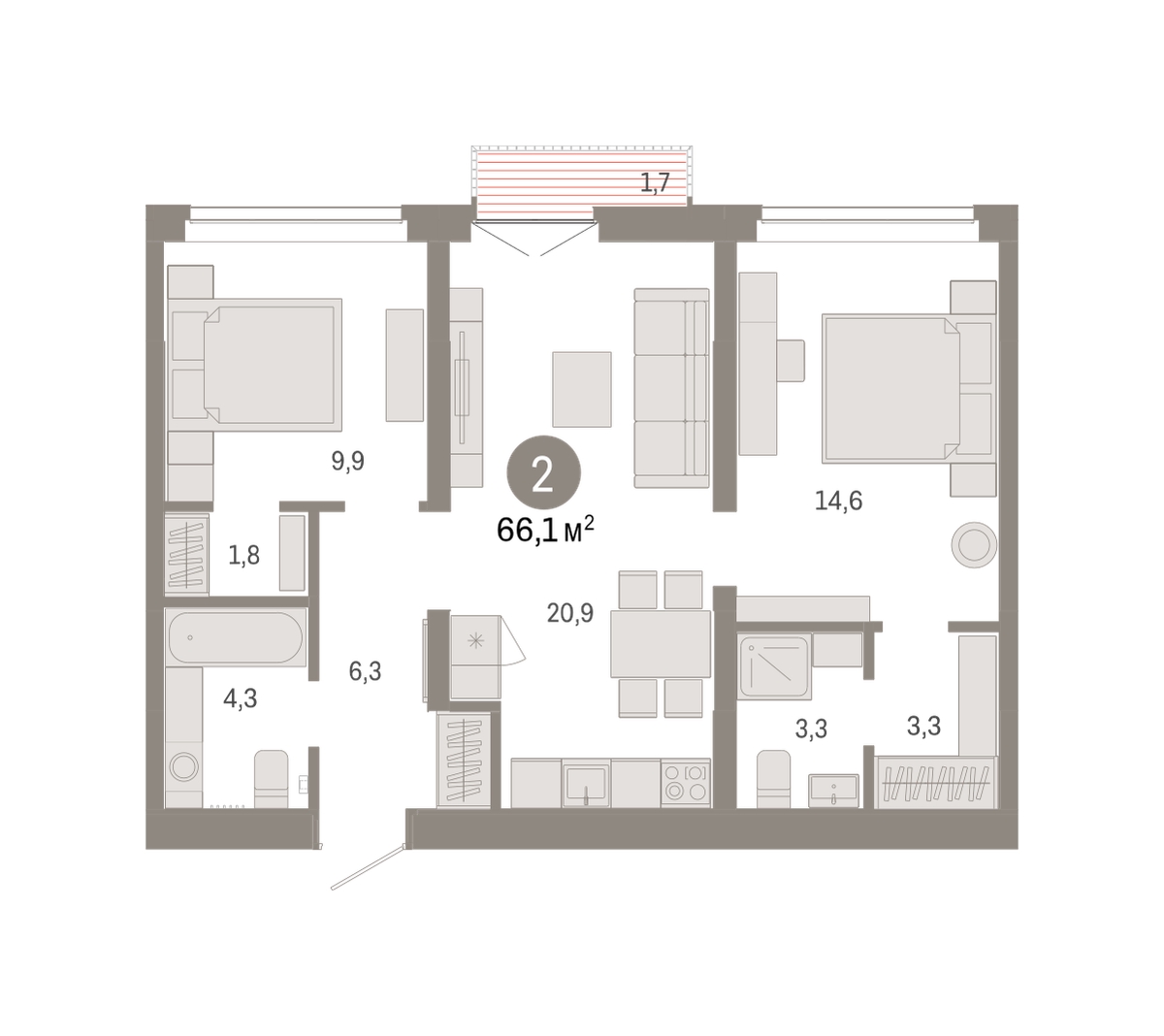 Планировка: 2-комнатная 66.1 м² в ЖК Республики 205, Центр: КПД