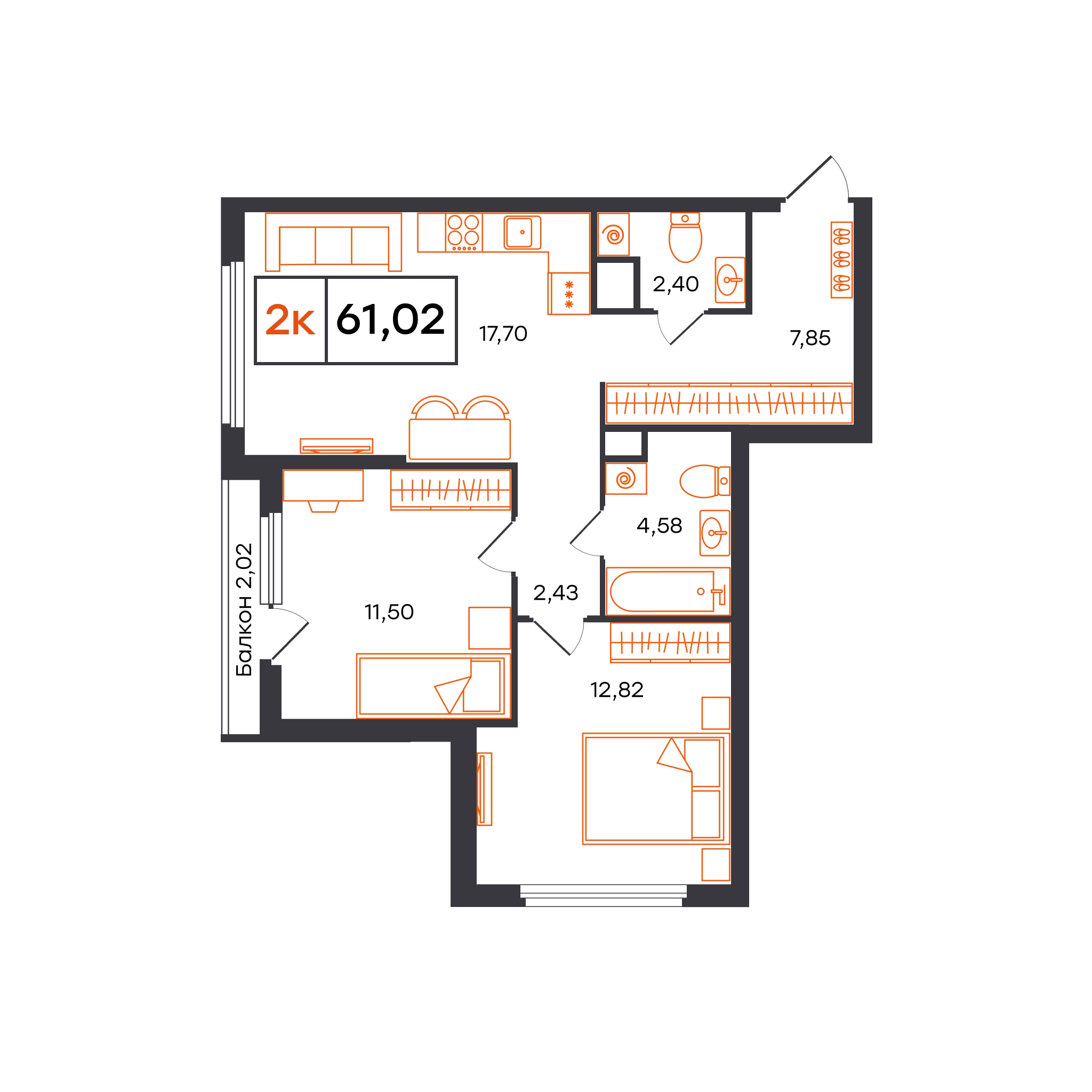Планировка: Евротрешка 61 м² в ЖК Отличие, Комарово Парк