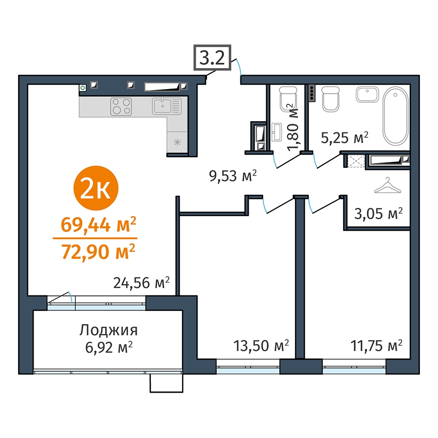 Планировка: Евротрешка 69.4 м² в ЖК DOK, ДОК