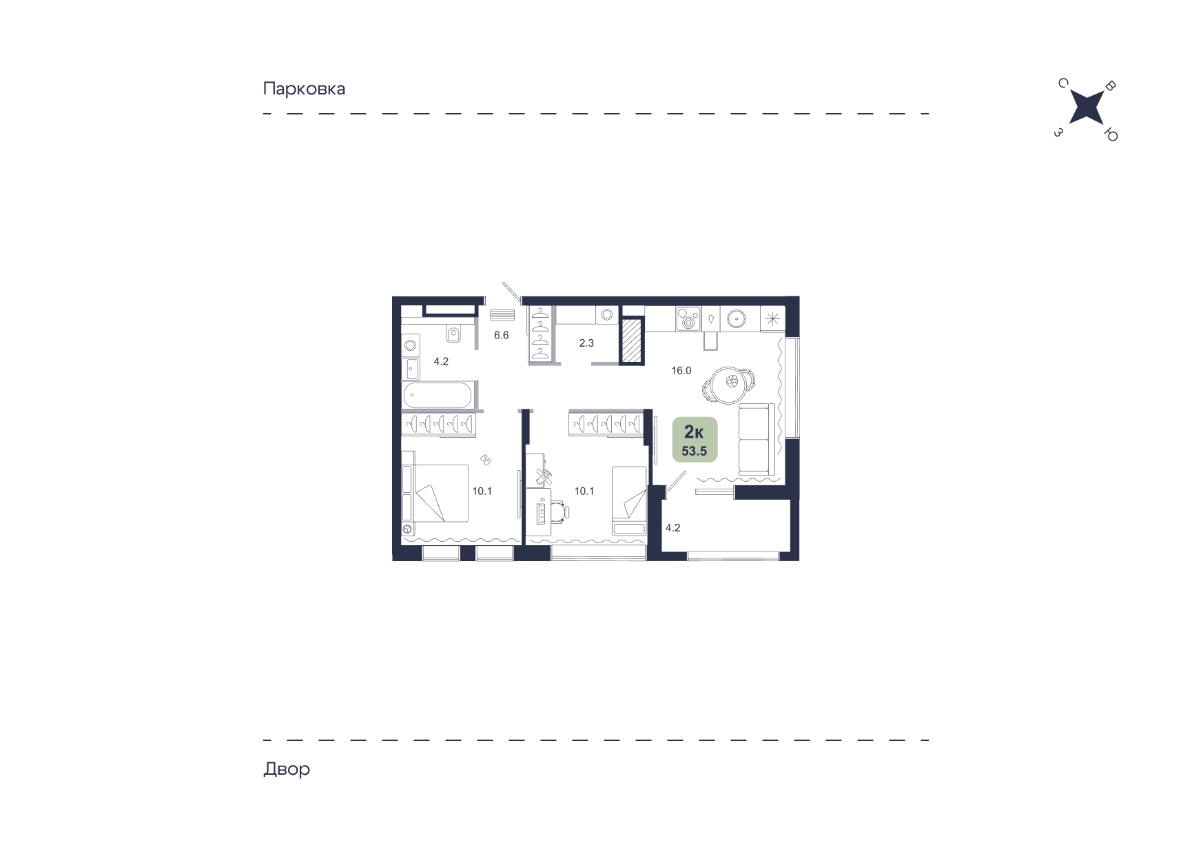Планировка: Евротрешка 53.5 м² в ЖК Свой, Югра