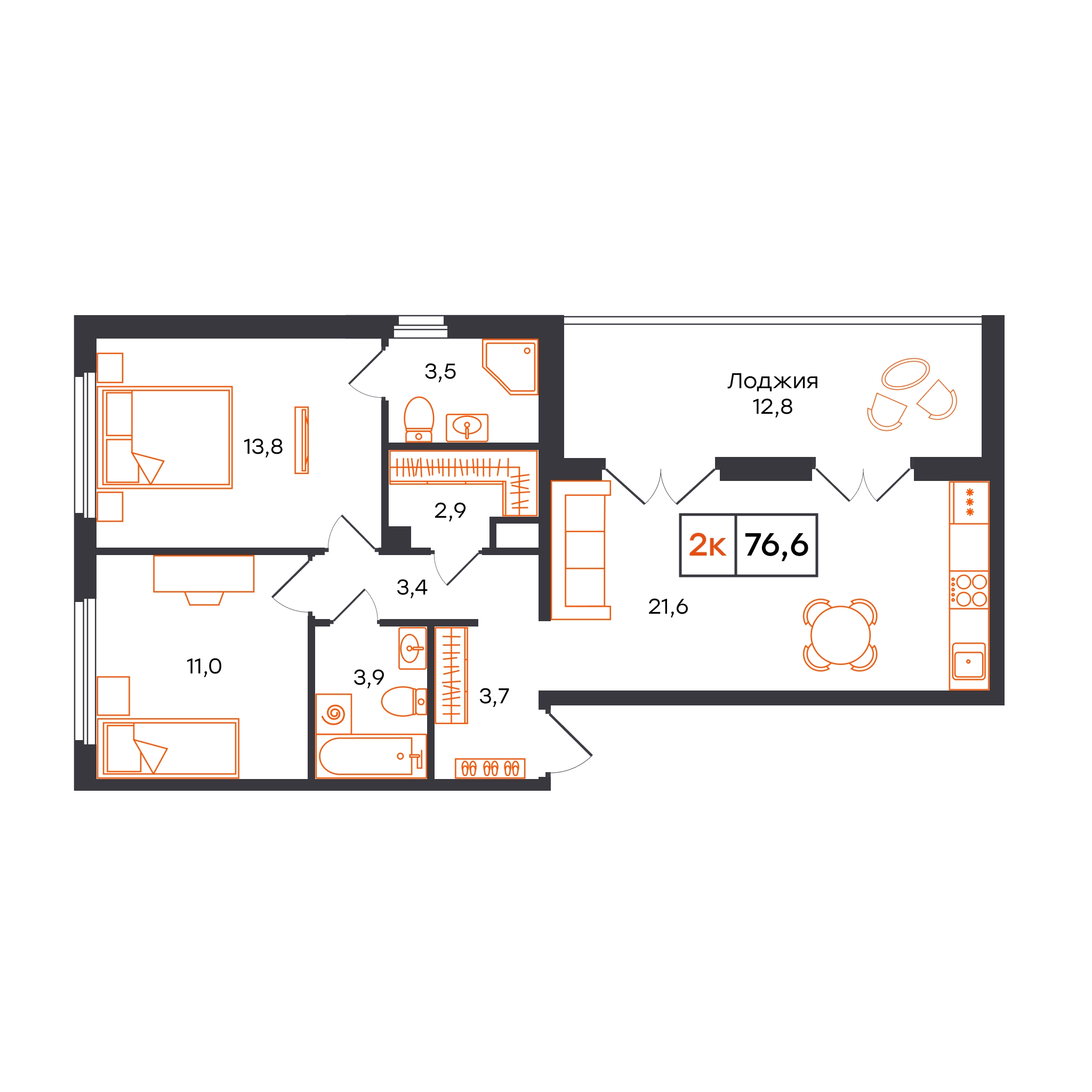 Планировка: Евротрешка 76.6 м² в ЖК Отличие, Комарово Парк
