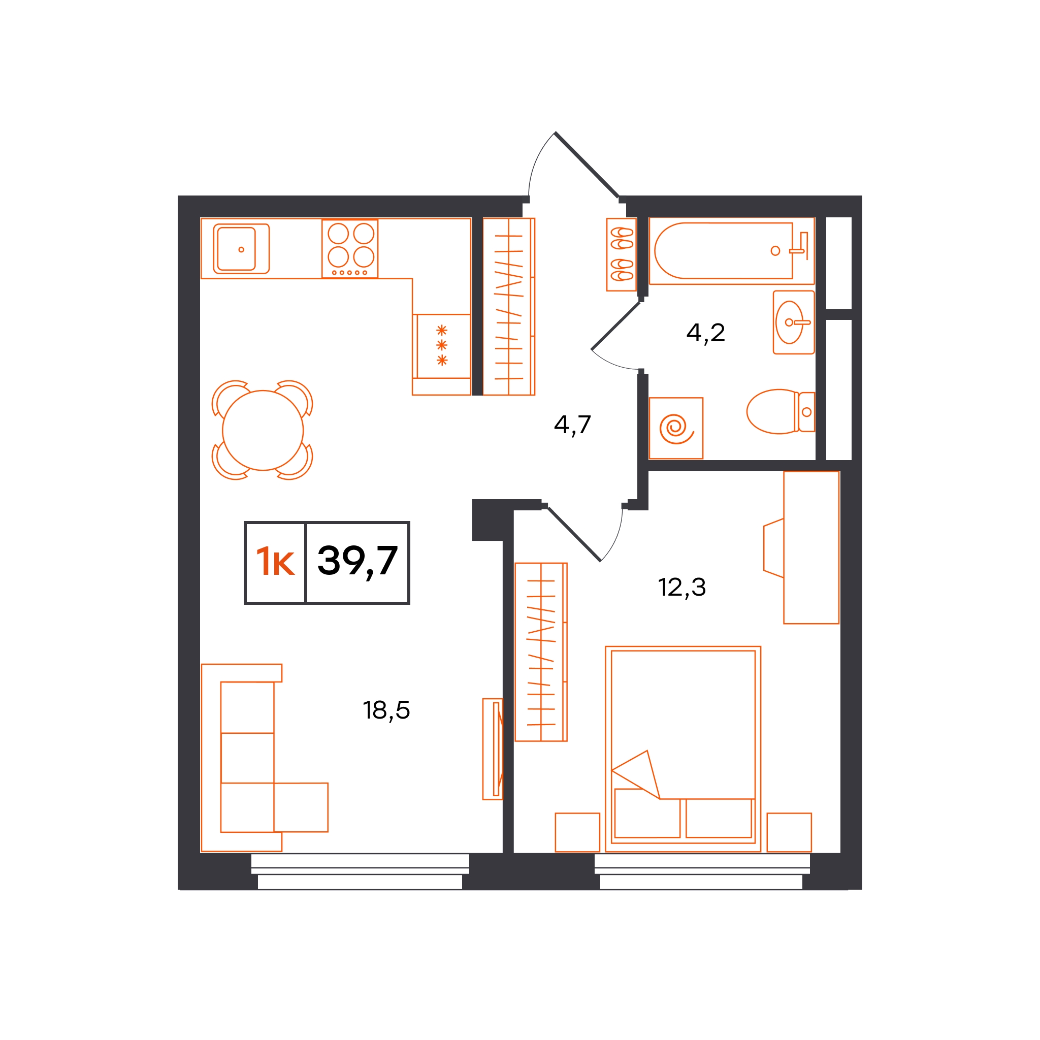 Планировка: Евродвушка 39.7 м² в ЖК Отличие, Комарово Парк
