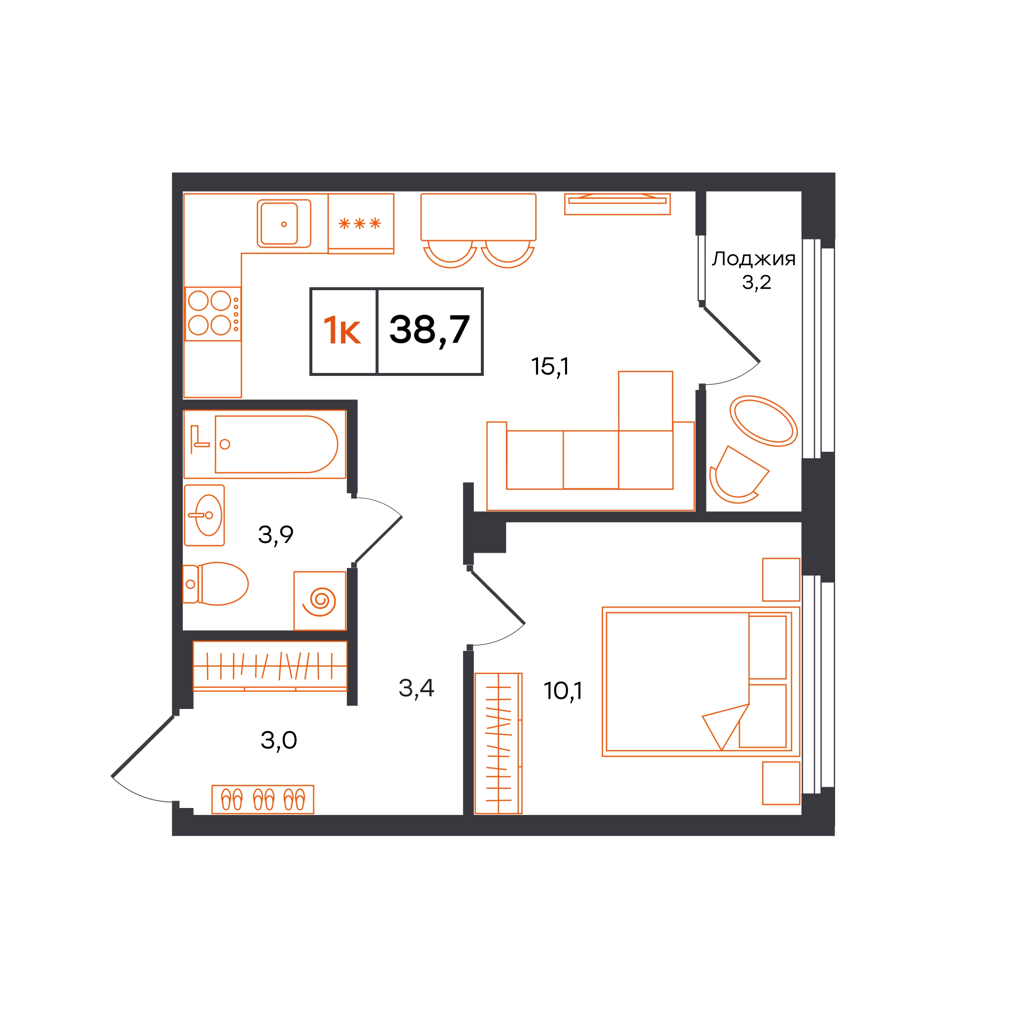 Планировка: Евродвушка 38.7 м² в ЖК Отличие, Комарово Парк