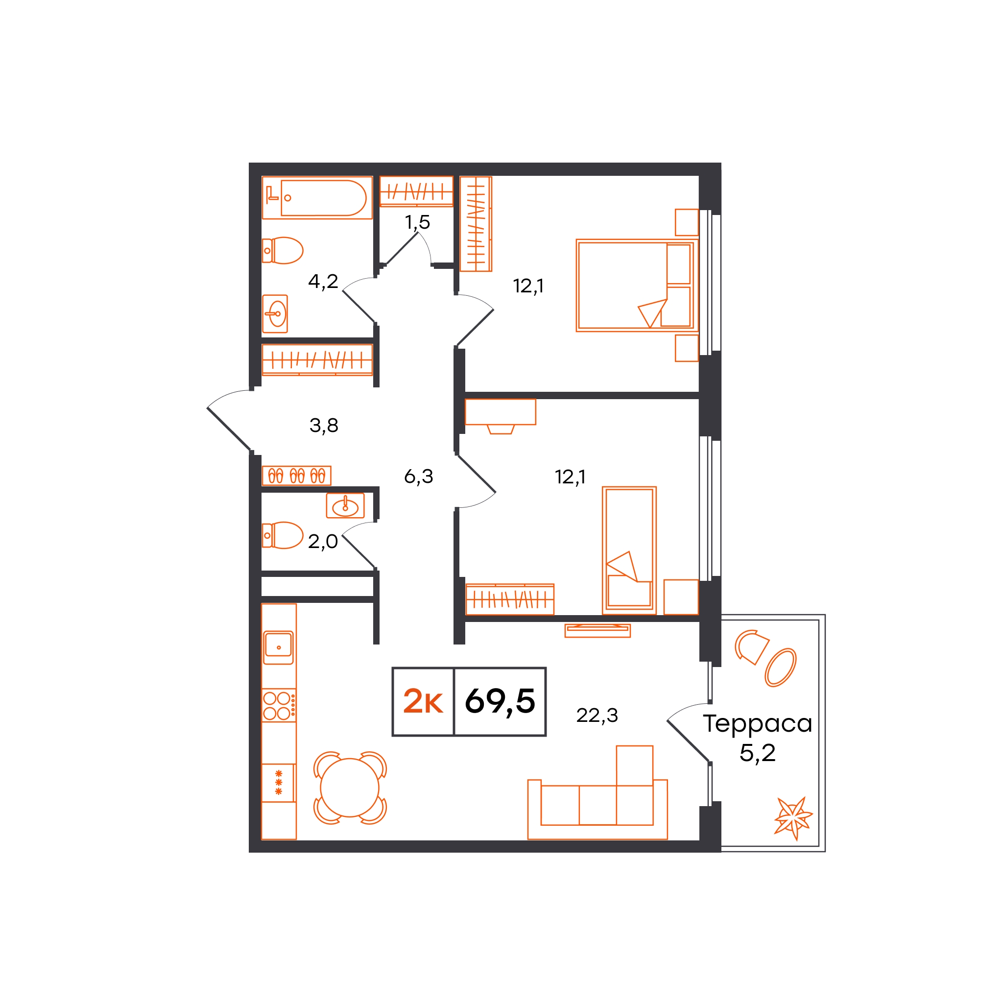 Планировка: Евротрешка 69.5 м² в ЖК Отличие, Комарово Парк