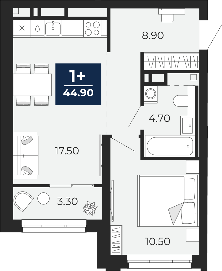 Планировка: Евродвушка 44.9 м² в ЖК Айвазовский, 5-й Заречный