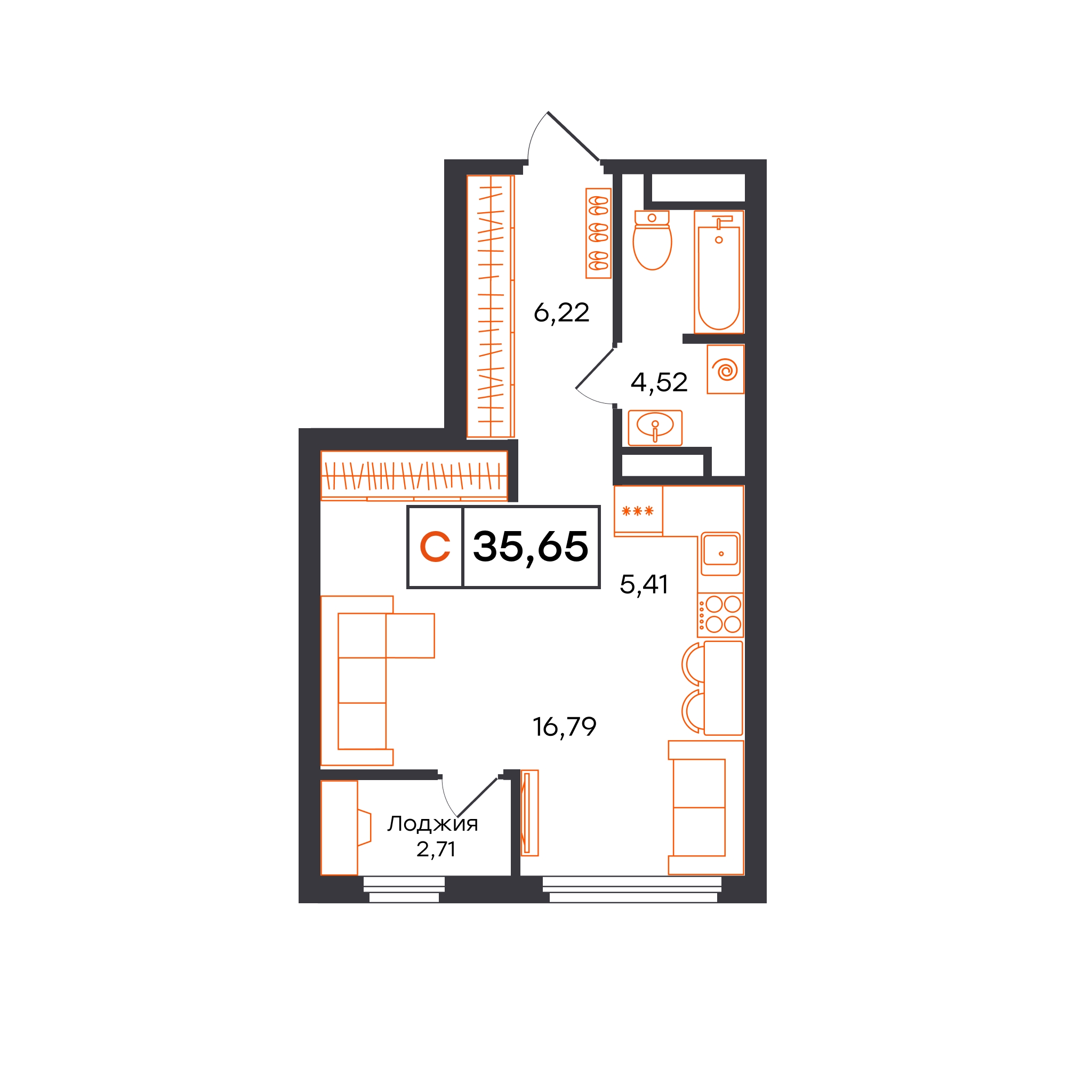 Планировка: Студия 35.6 м² в ЖК Отличие, Комарово Парк